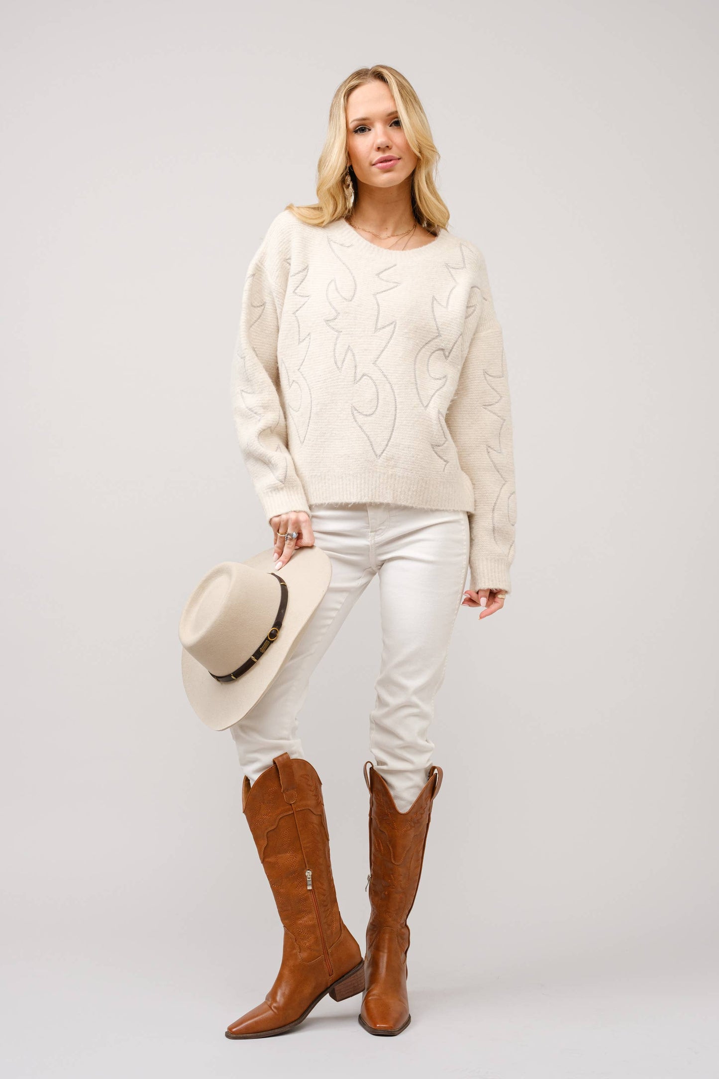36332W - Western Boots Stitch Pattern Crew Neck Sweater