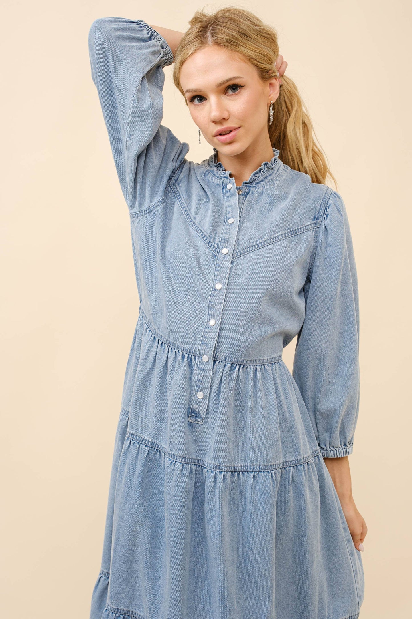 Restock! - Garment Washed Chevron Yoke Midi Denim Dress -