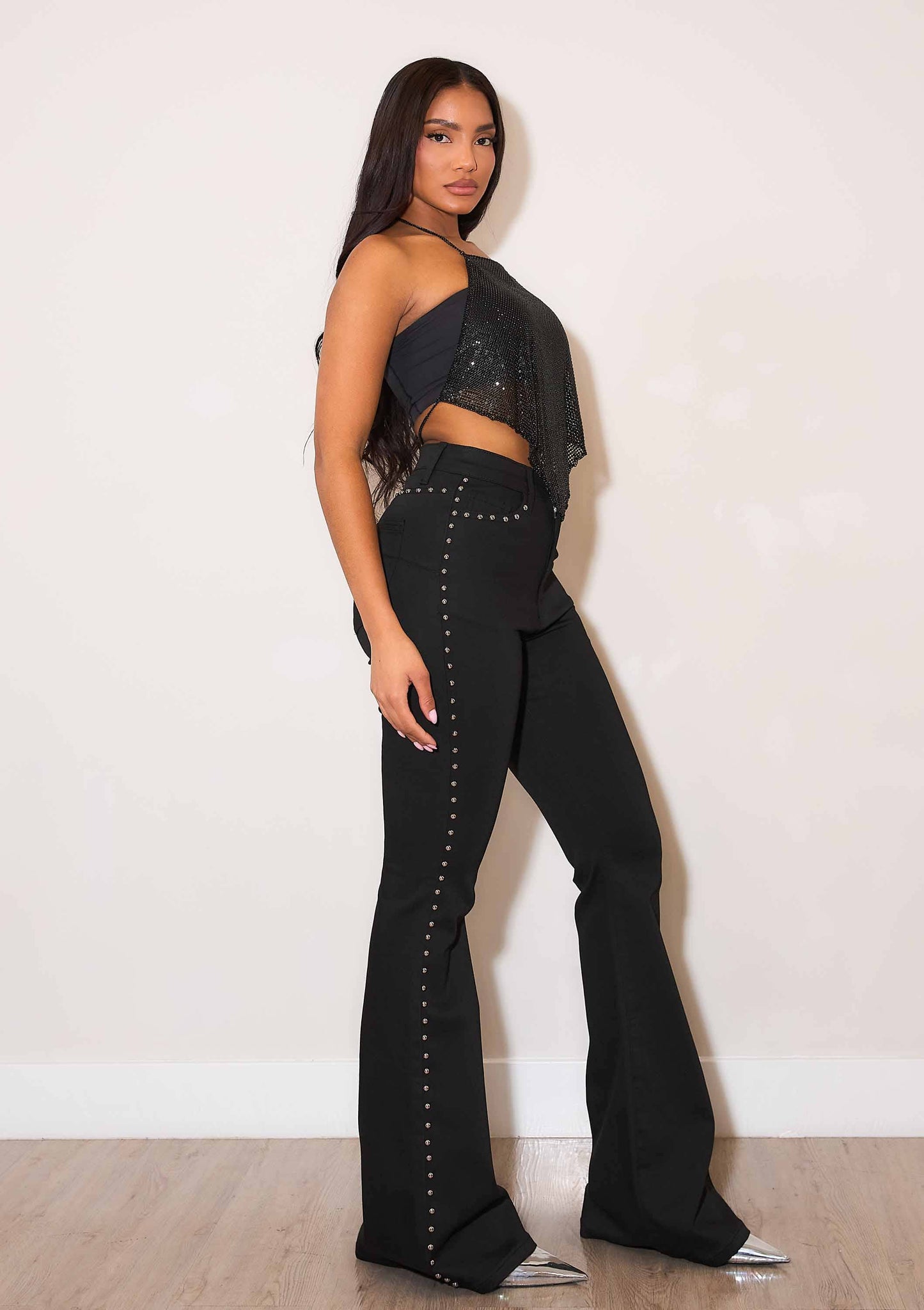 High-Rise Flare Jeans With Studs