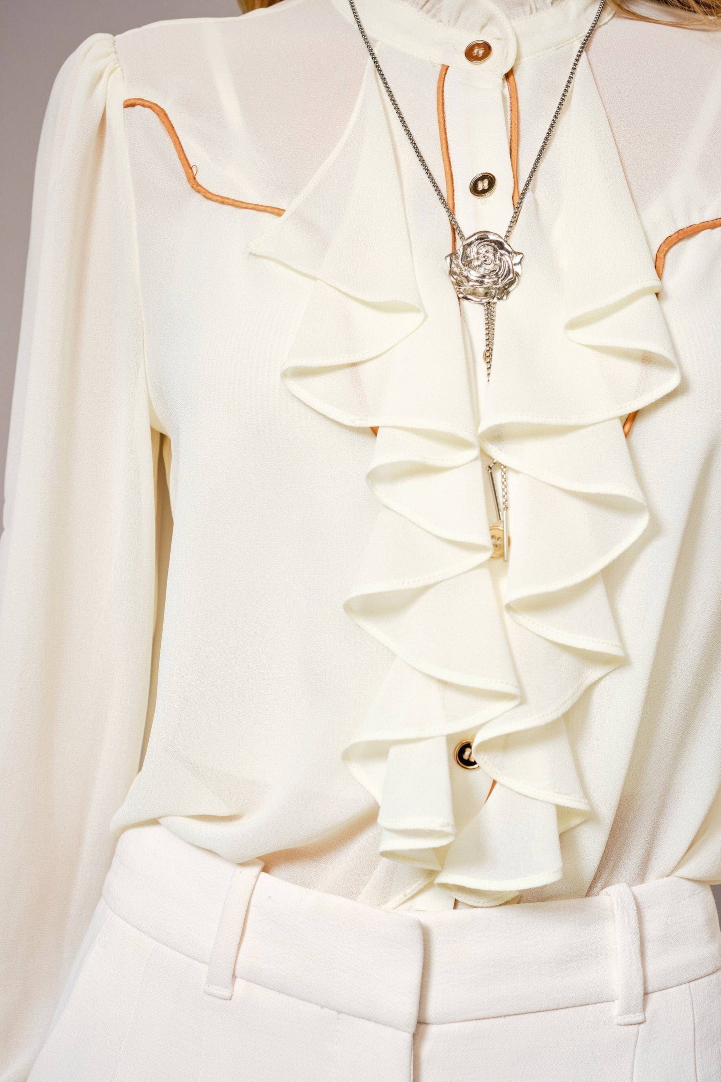 36872T - Chelsea Ruffle Front Button Up Blouse