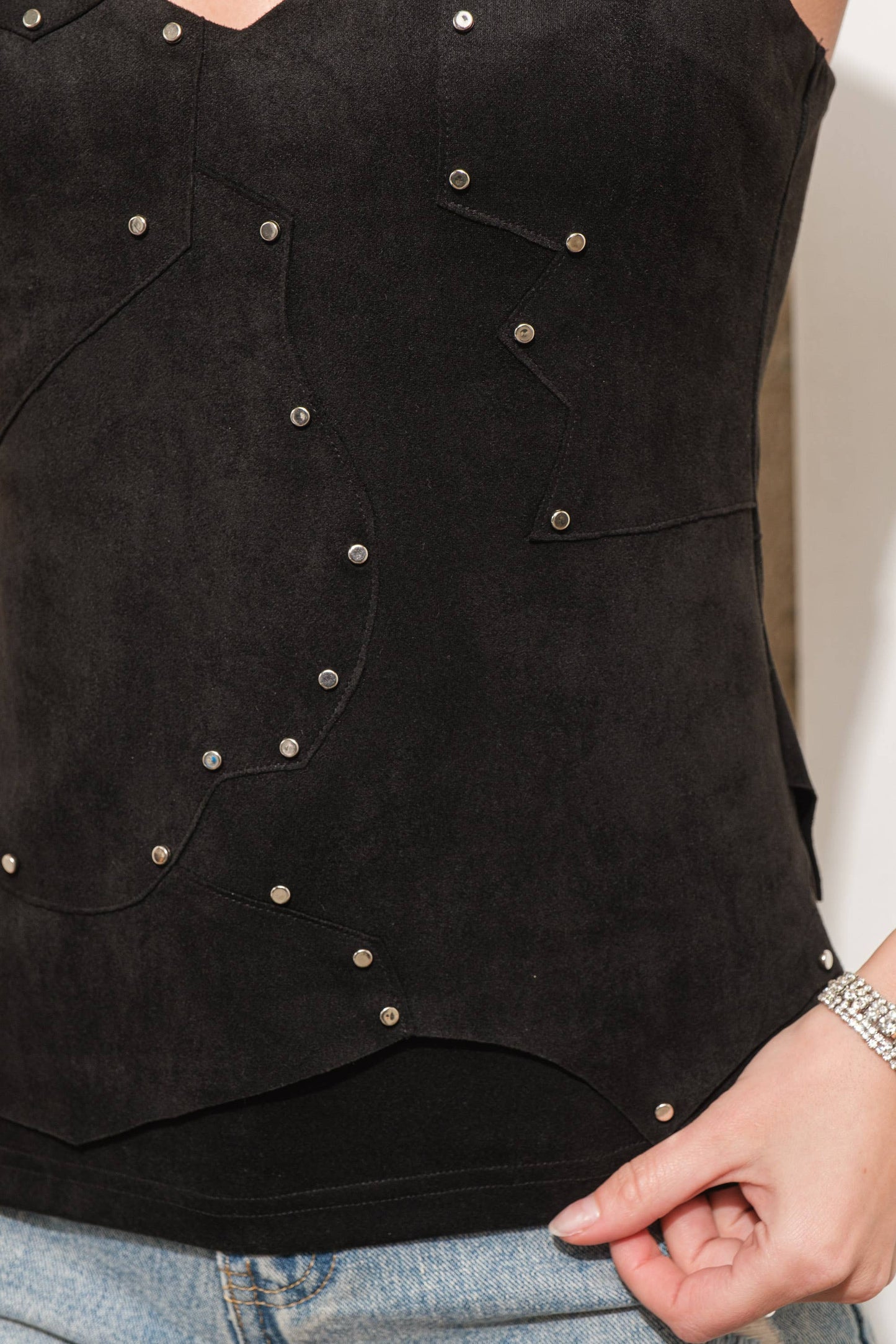 Suede Geo Patchwork Studded Detail Cami Top
