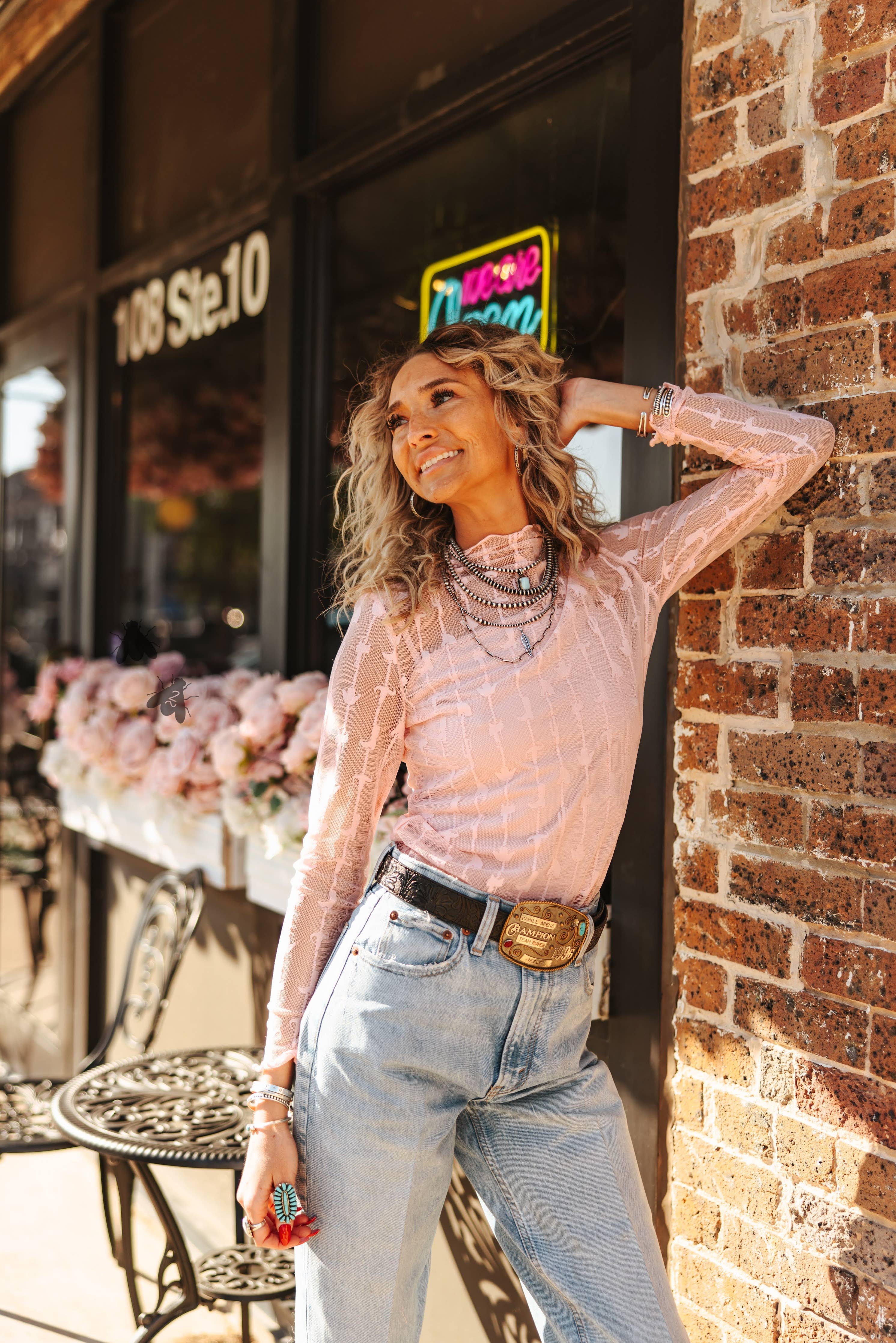 Lariat Lace Long-Sleeve Top — Dusty Rose
