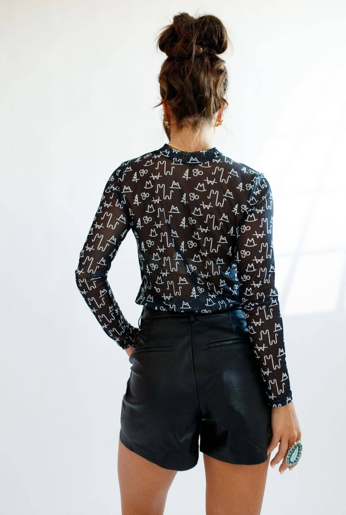 Black Sheer Mesh Mock-Neck Top