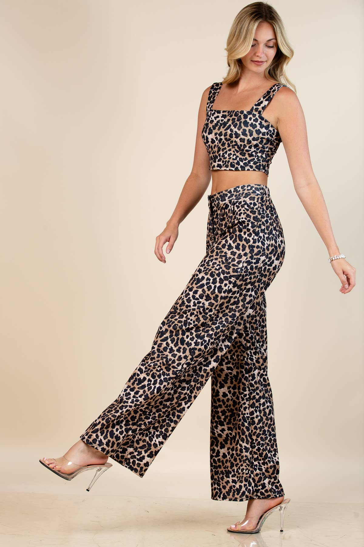 Brown Animal-Print Crop Top & Wide-Leg Pants Set