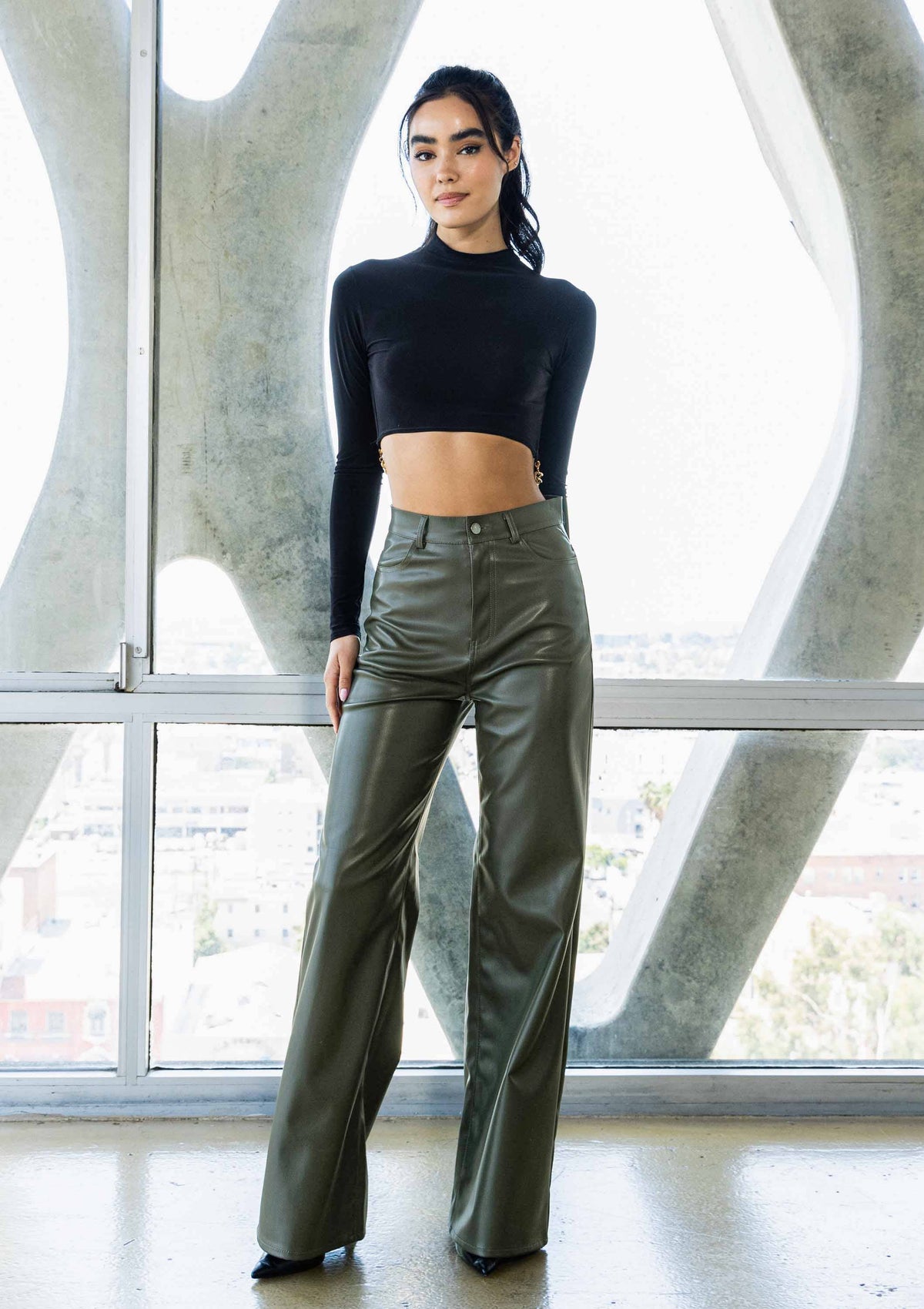 Black Vegan-Leather Wide-Leg Pants