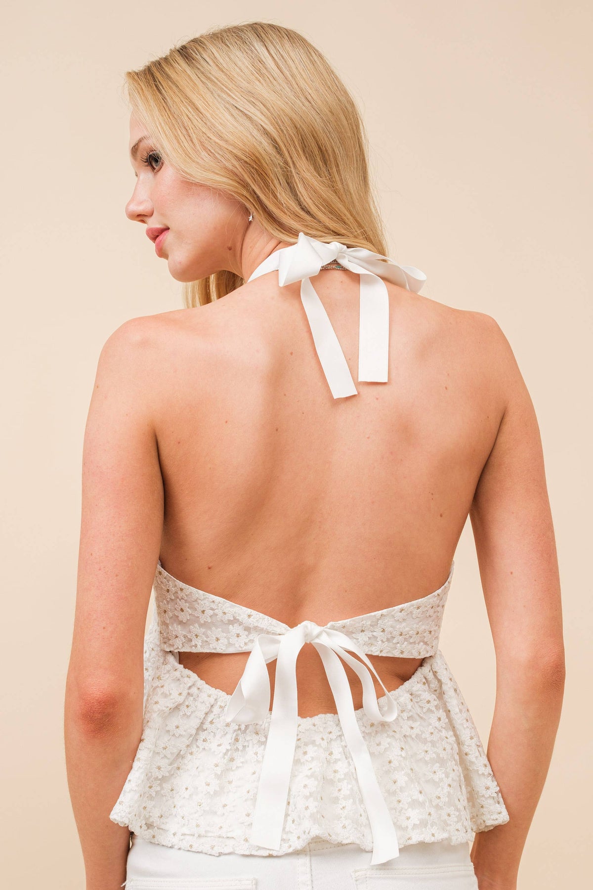Daisy Jacquard Halter Crop Top