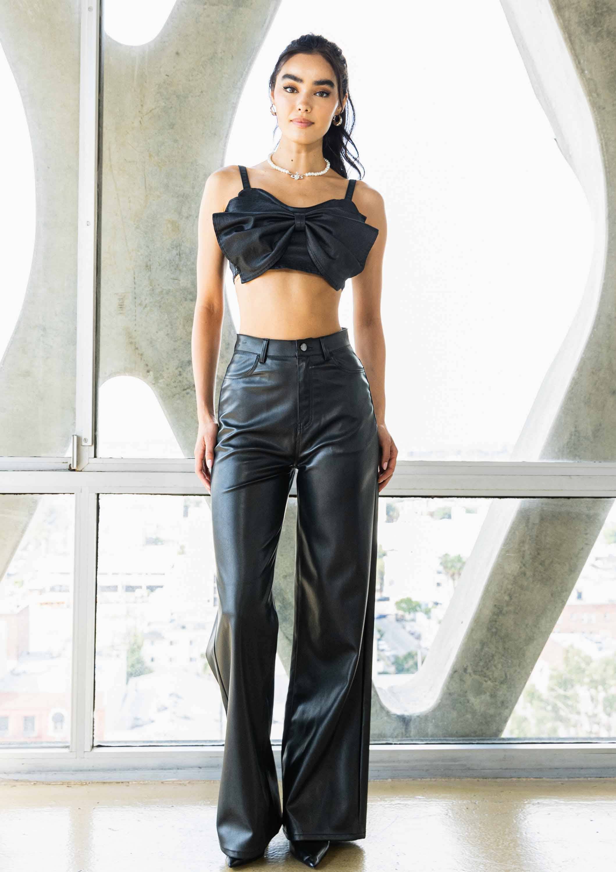 Black Vegan-Leather Wide-Leg Pants