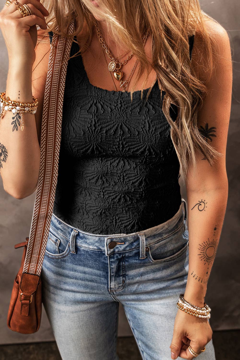 Black Floral Jacquard Square-Neck Tank