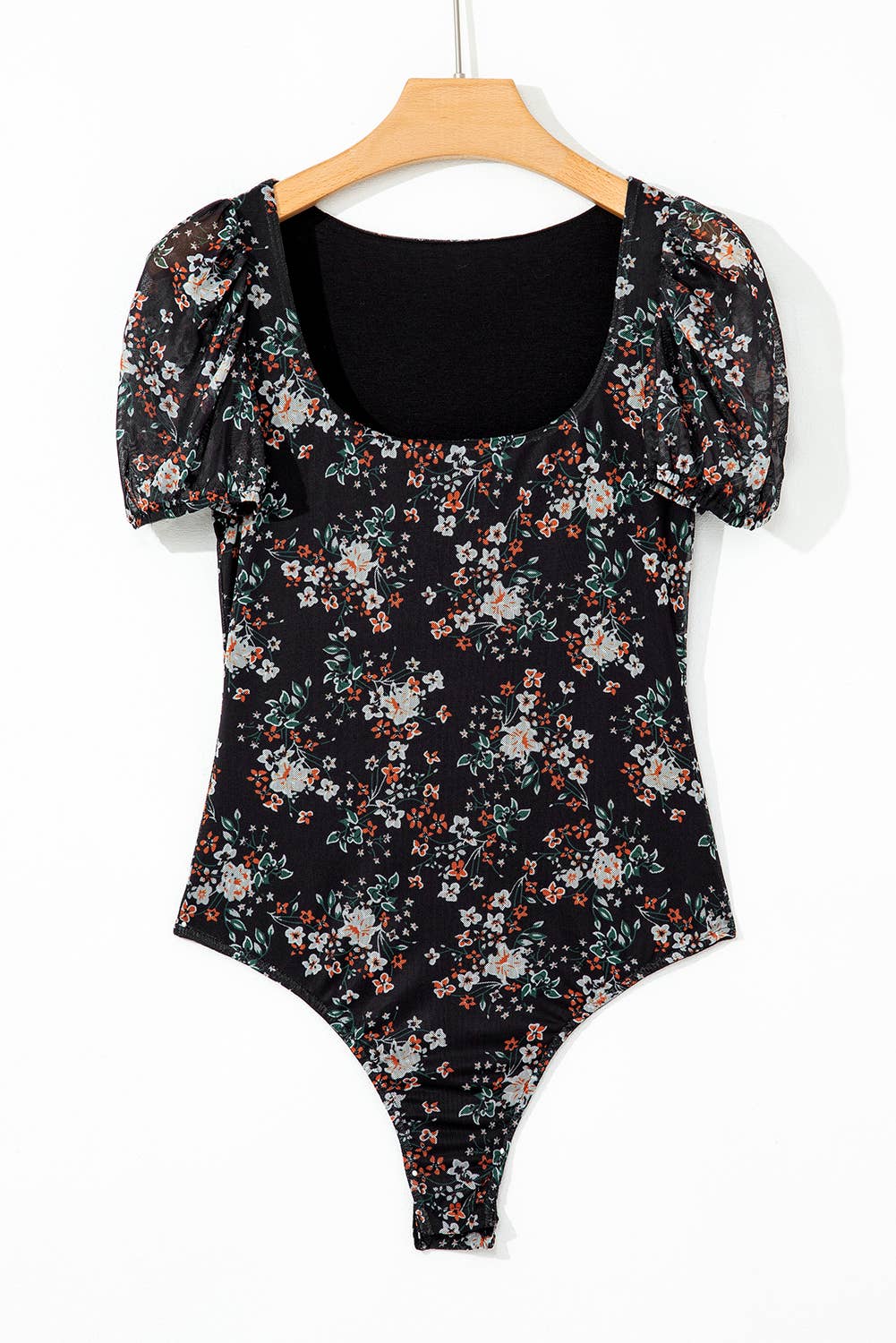 Black Floral Puff-Sleeve Bodysuit