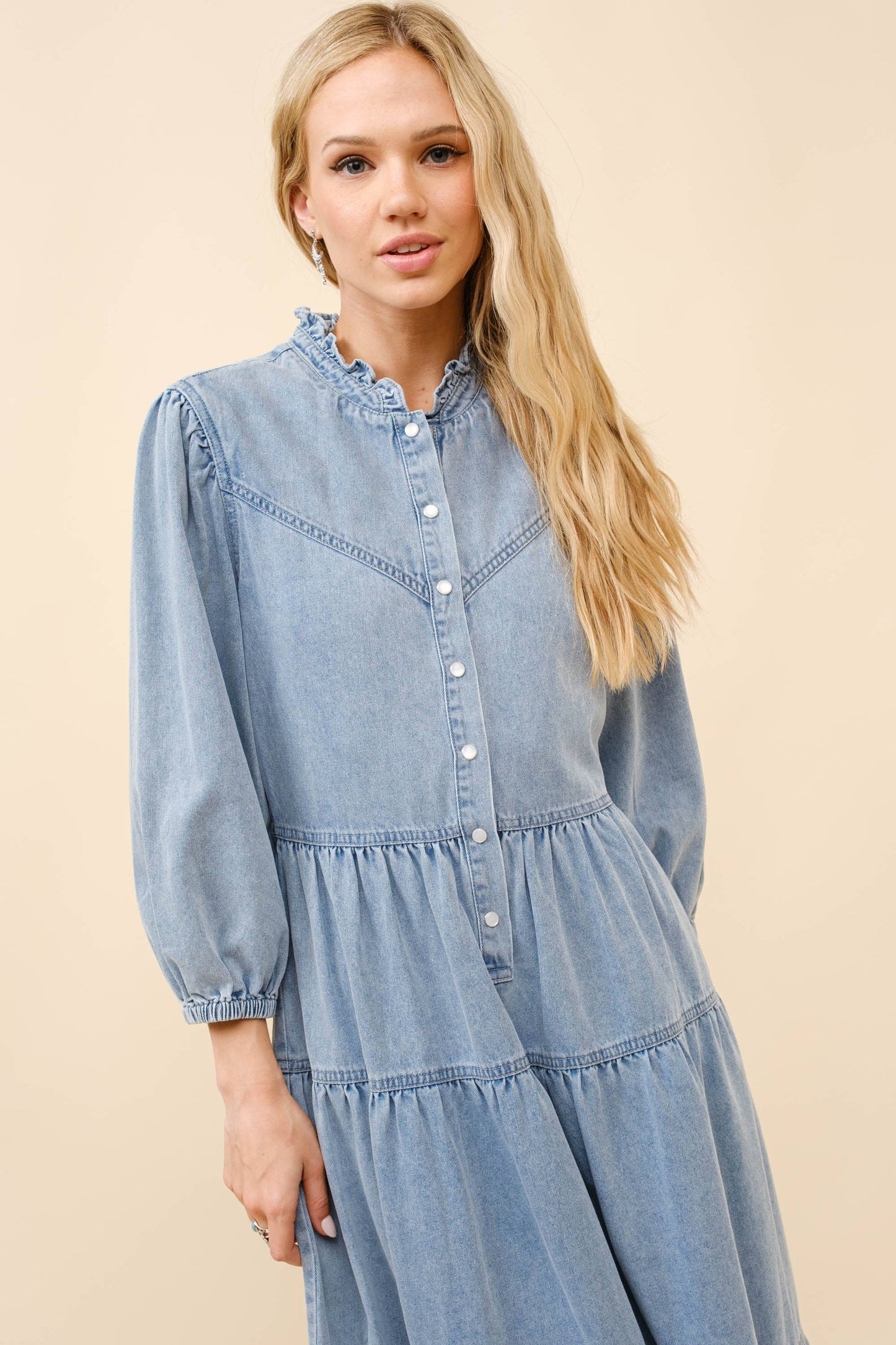 Restock! - Garment Washed Chevron Yoke Midi Denim Dress -