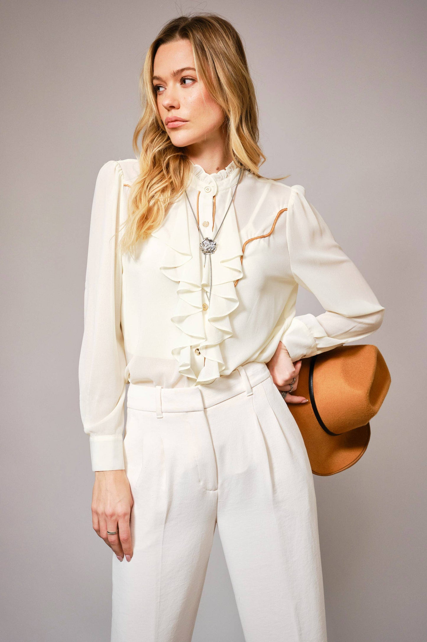 36872T - Chelsea Ruffle Front Button Up Blouse