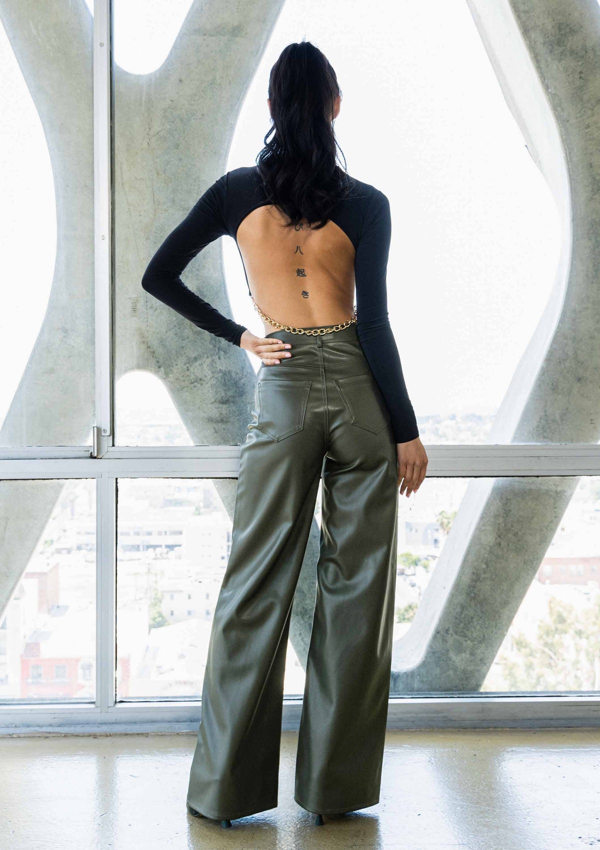 Black Vegan-Leather Wide-Leg Pants