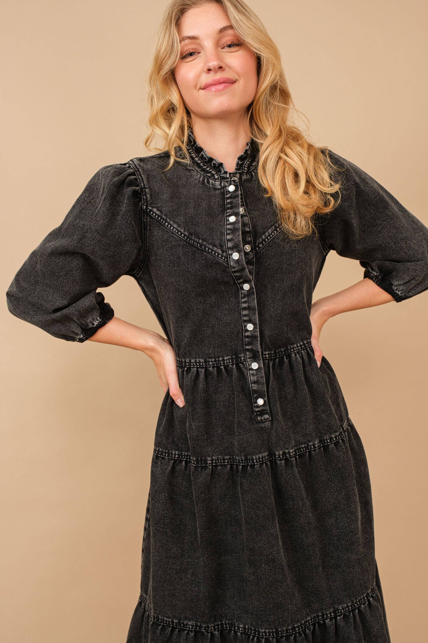 Restock! - Garment Washed Chevron Yoke Midi Denim Dress -