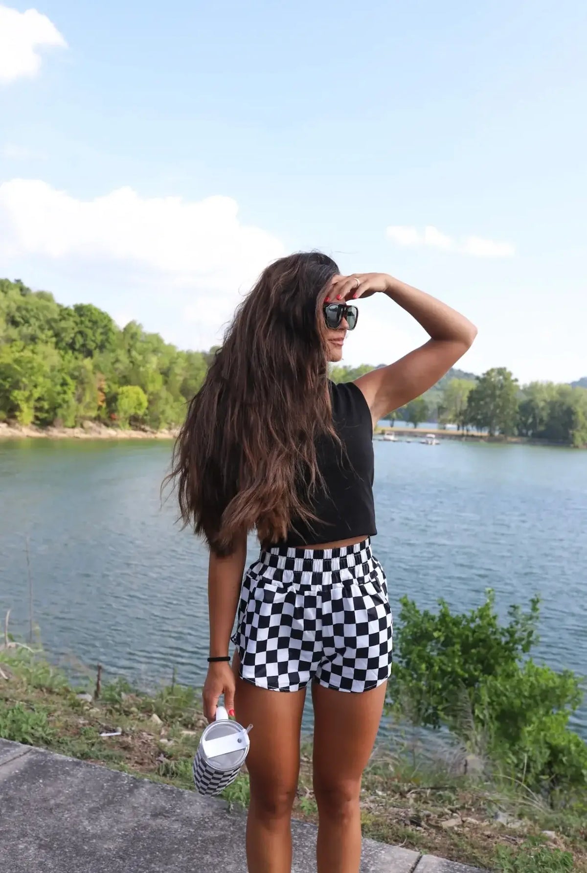 Checkerboard Smocked-Waist Athletic Shorts