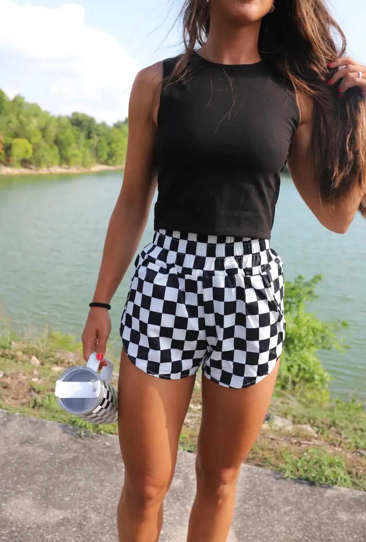 Checkerboard Smocked-Waist Athletic Shorts