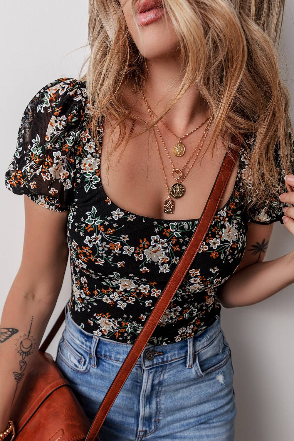 Black Floral Puff-Sleeve Bodysuit
