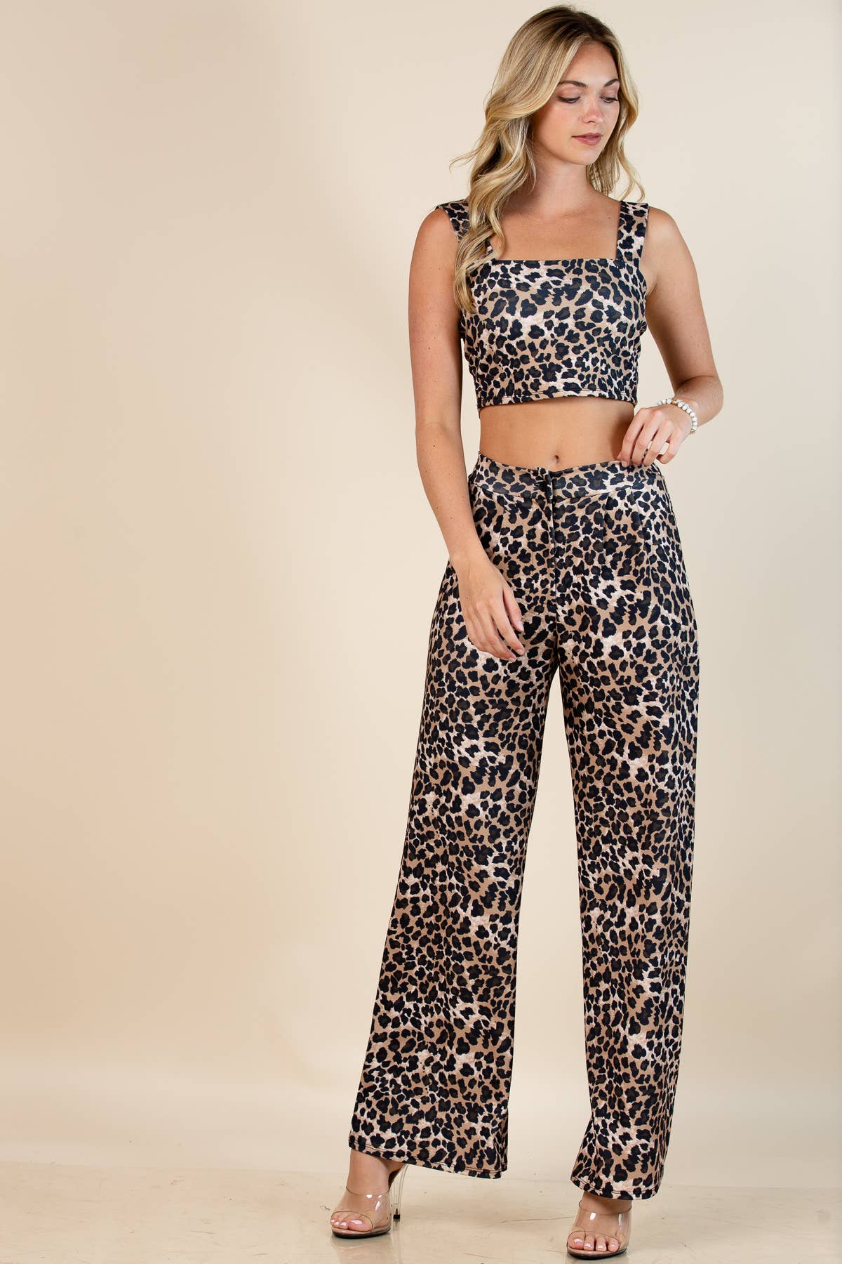 Brown Animal-Print Crop Top & Wide-Leg Pants Set