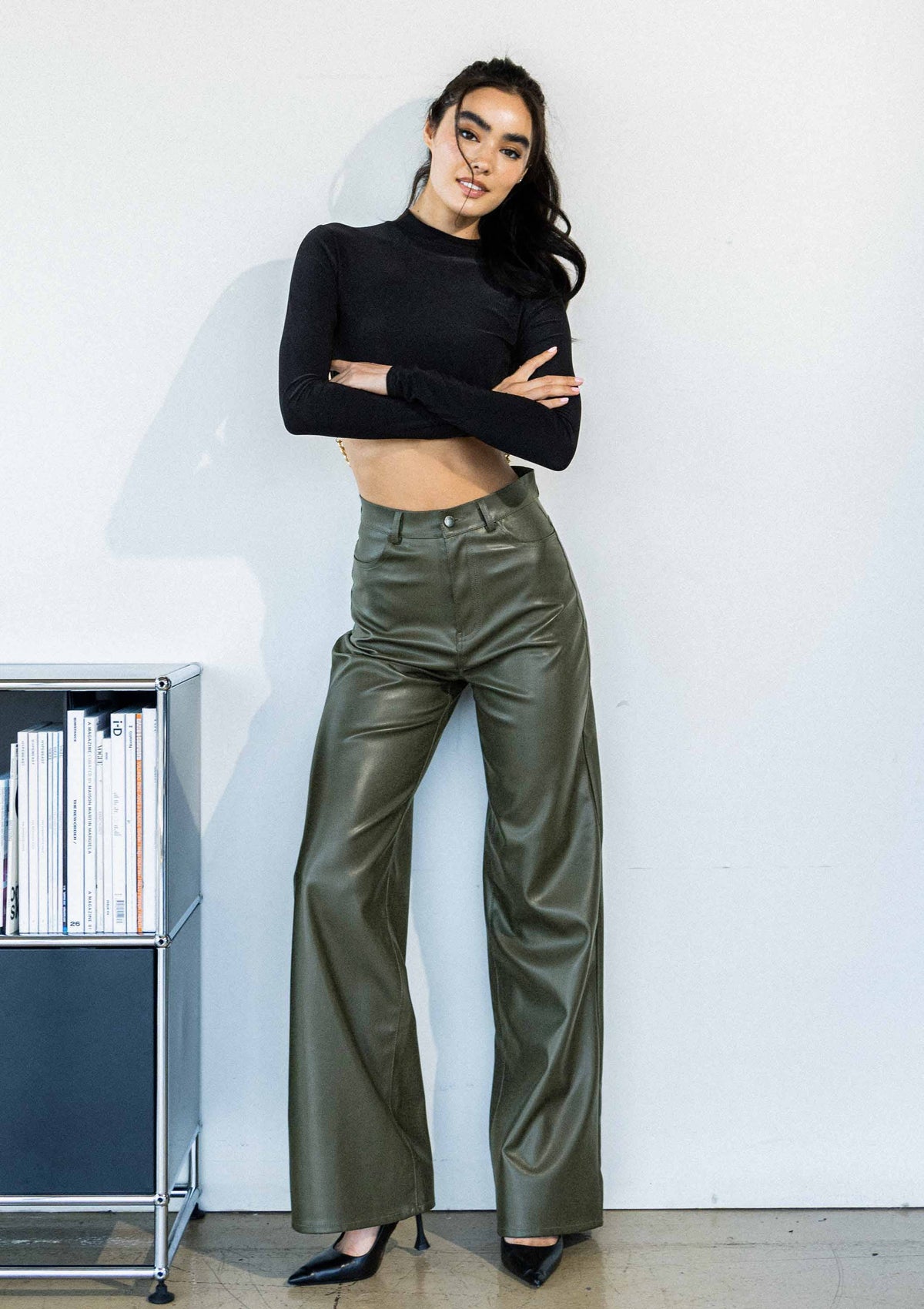 Black Vegan-Leather Wide-Leg Pants