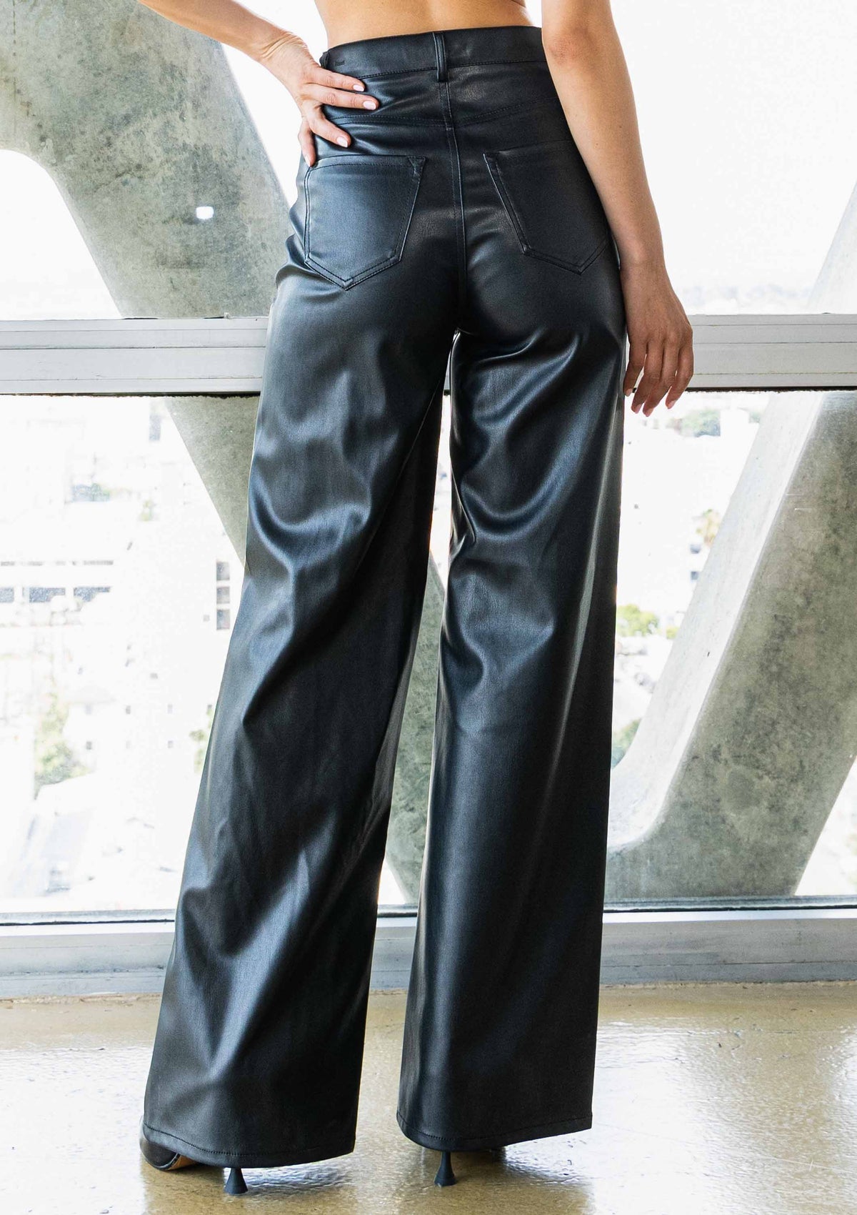 Black Vegan-Leather Wide-Leg Pants