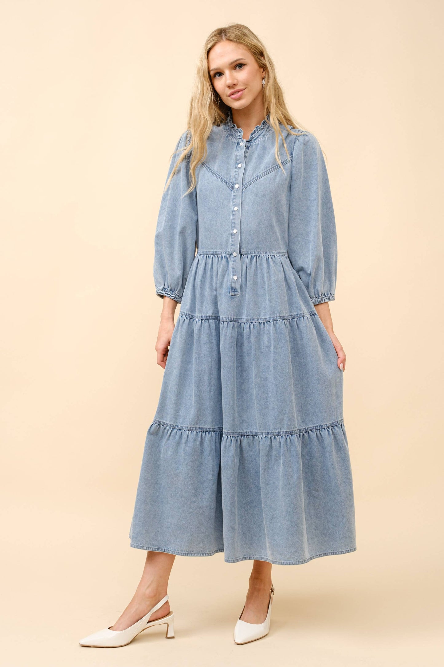Restock! - Garment Washed Chevron Yoke Midi Denim Dress -