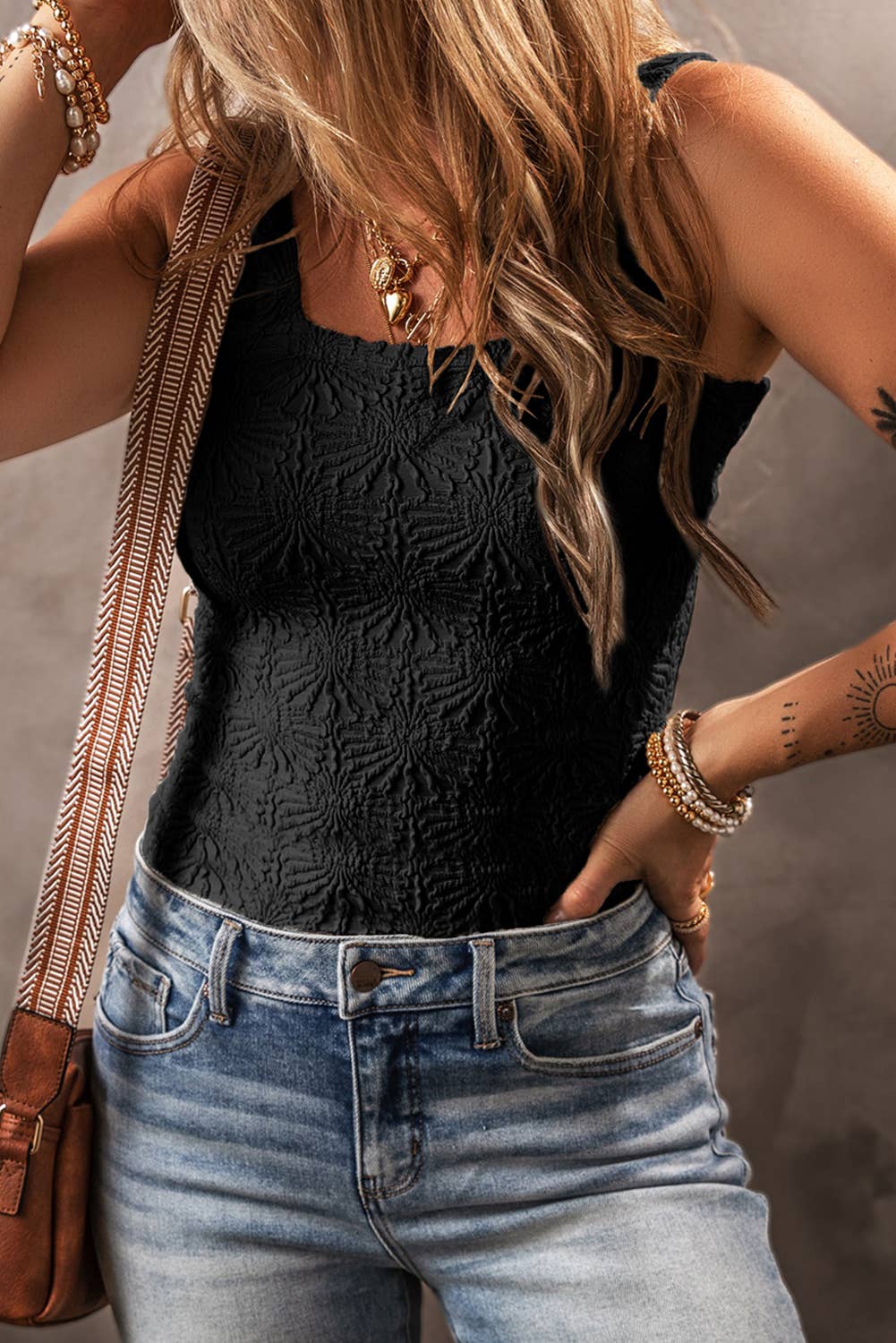 Black Floral Jacquard Square-Neck Tank