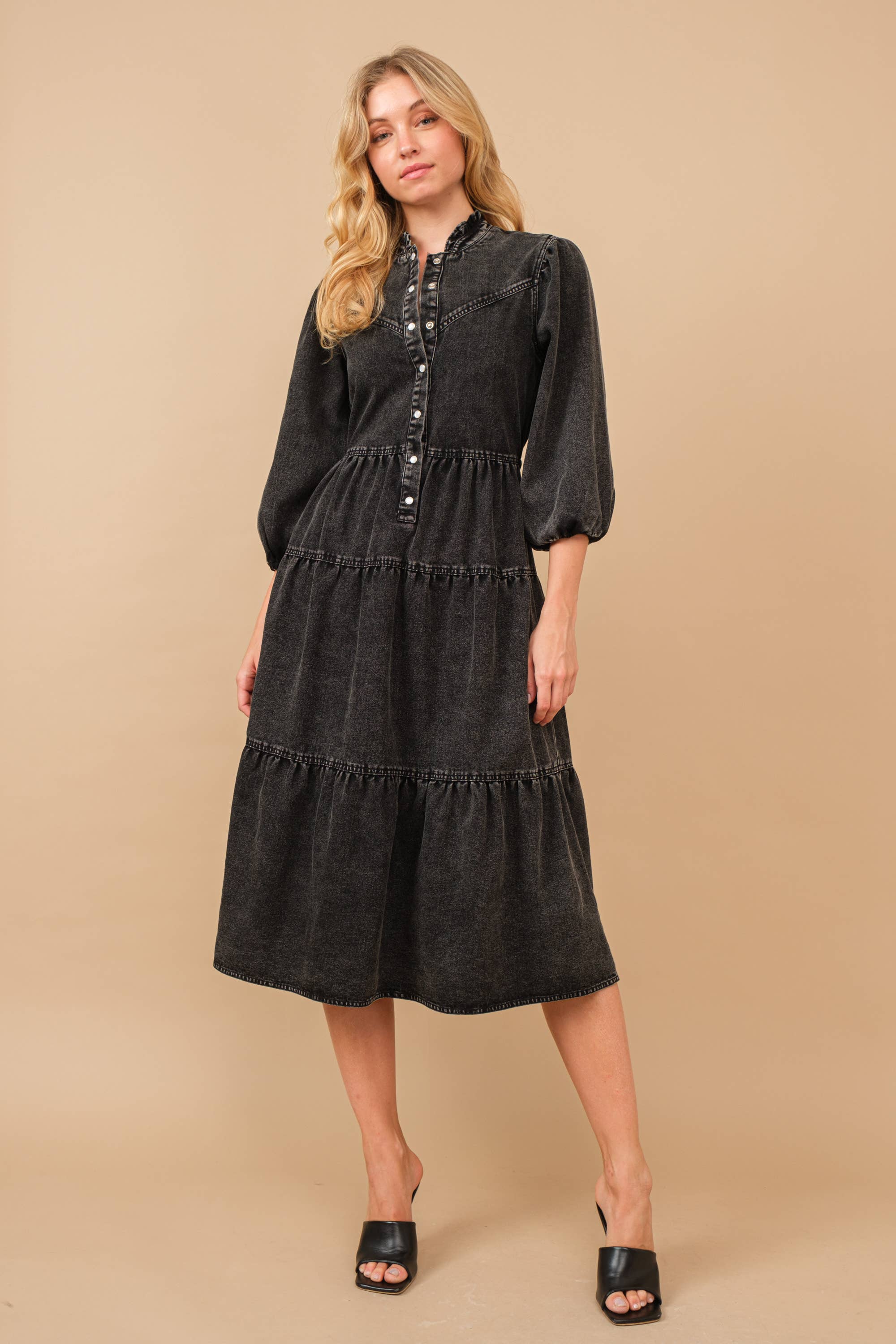 Chevron Yoke Midi Denim Dress