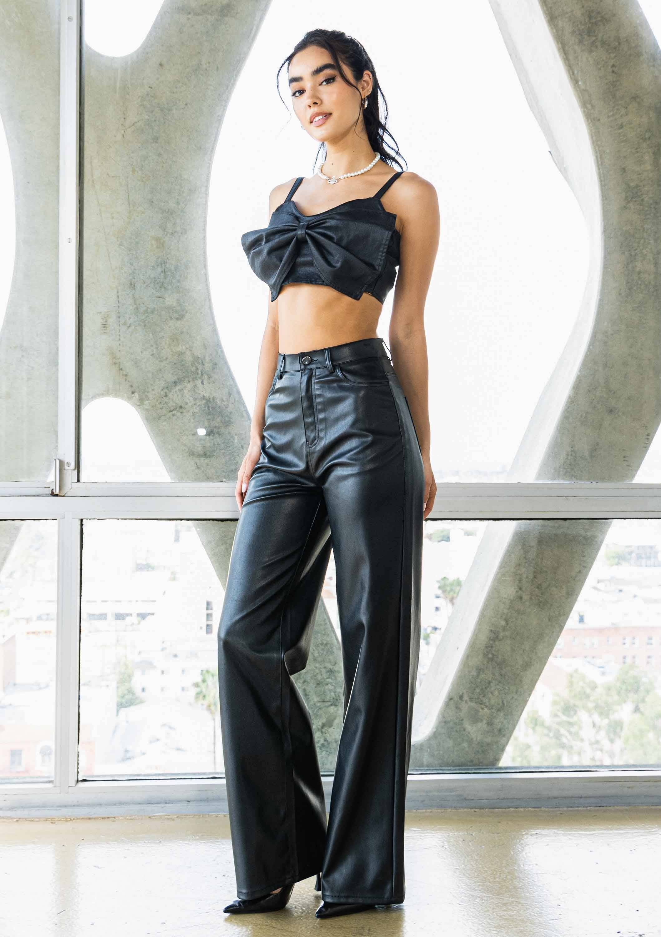 Black Vegan-Leather Wide-Leg Pants
