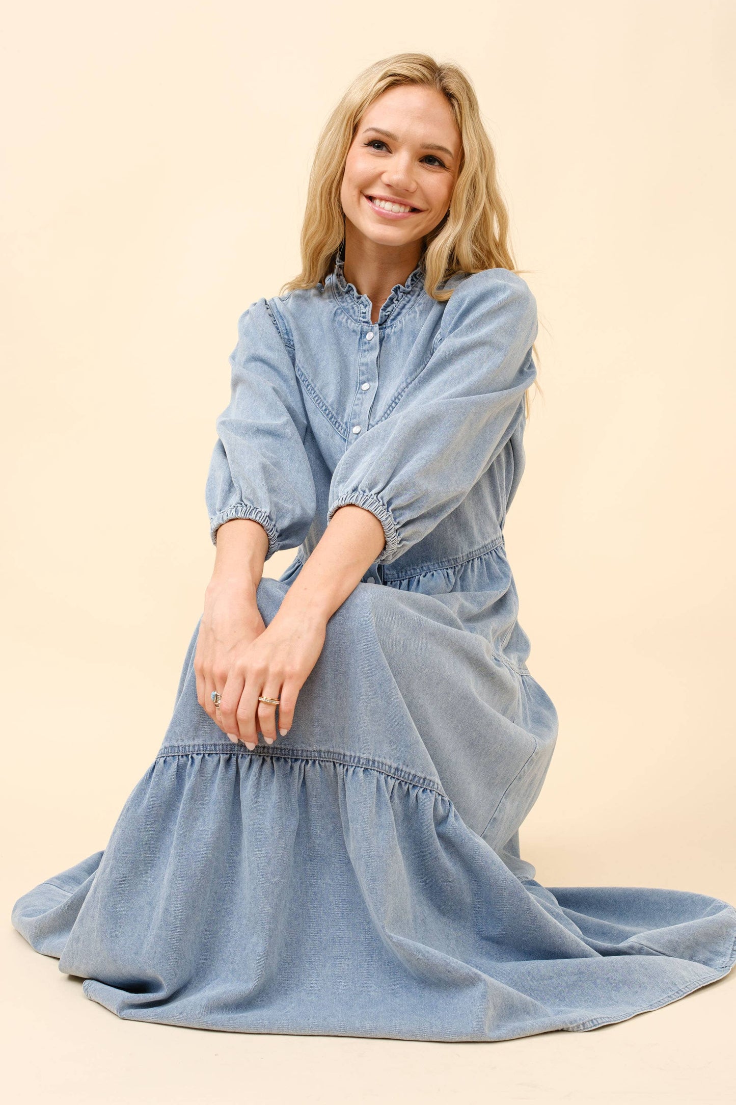 Restock! - Garment Washed Chevron Yoke Midi Denim Dress -