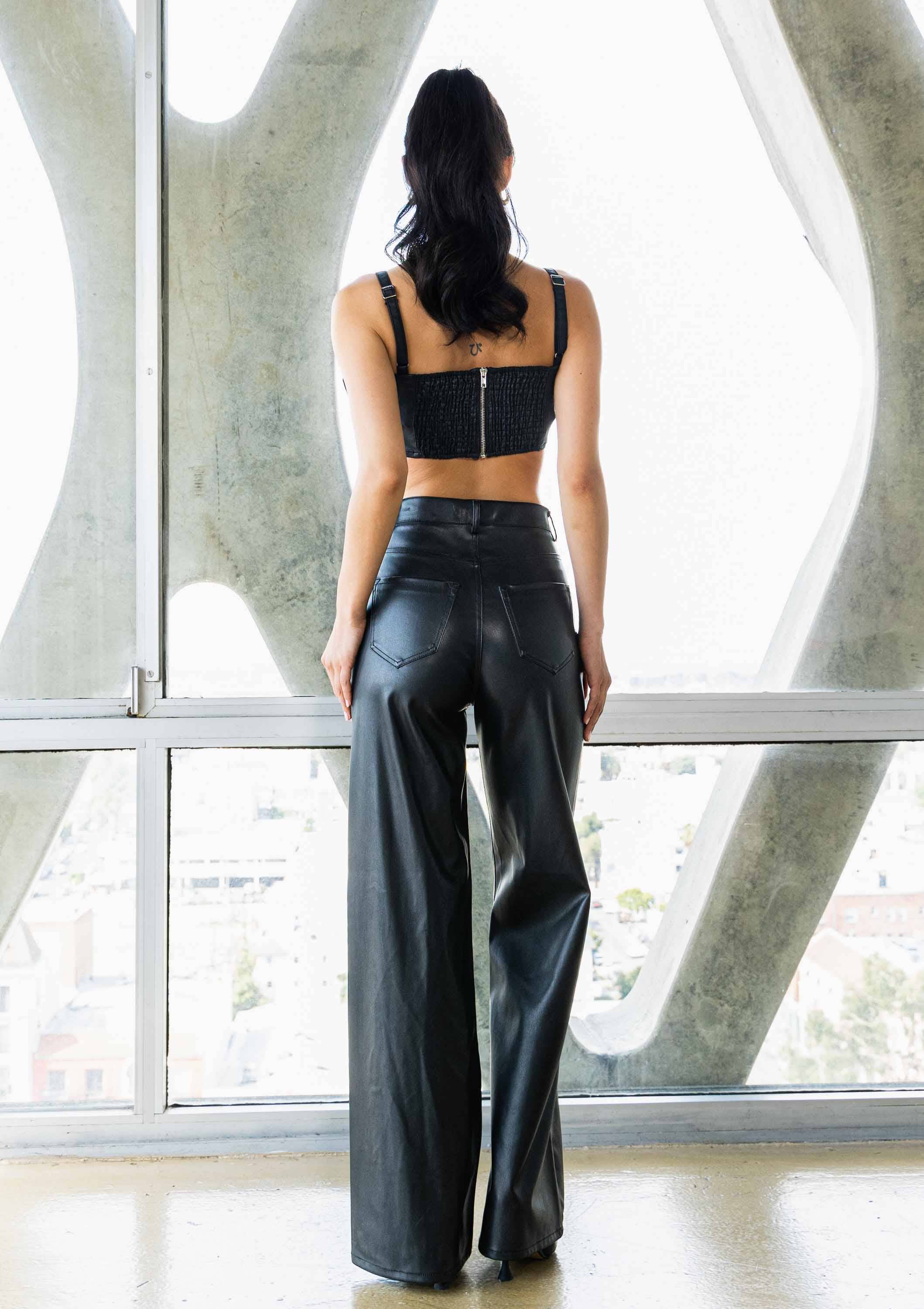 Black Vegan-Leather Wide-Leg Pants