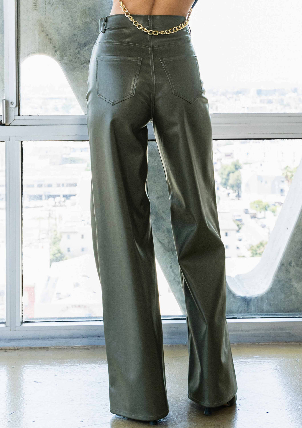 Black Vegan-Leather Wide-Leg Pants