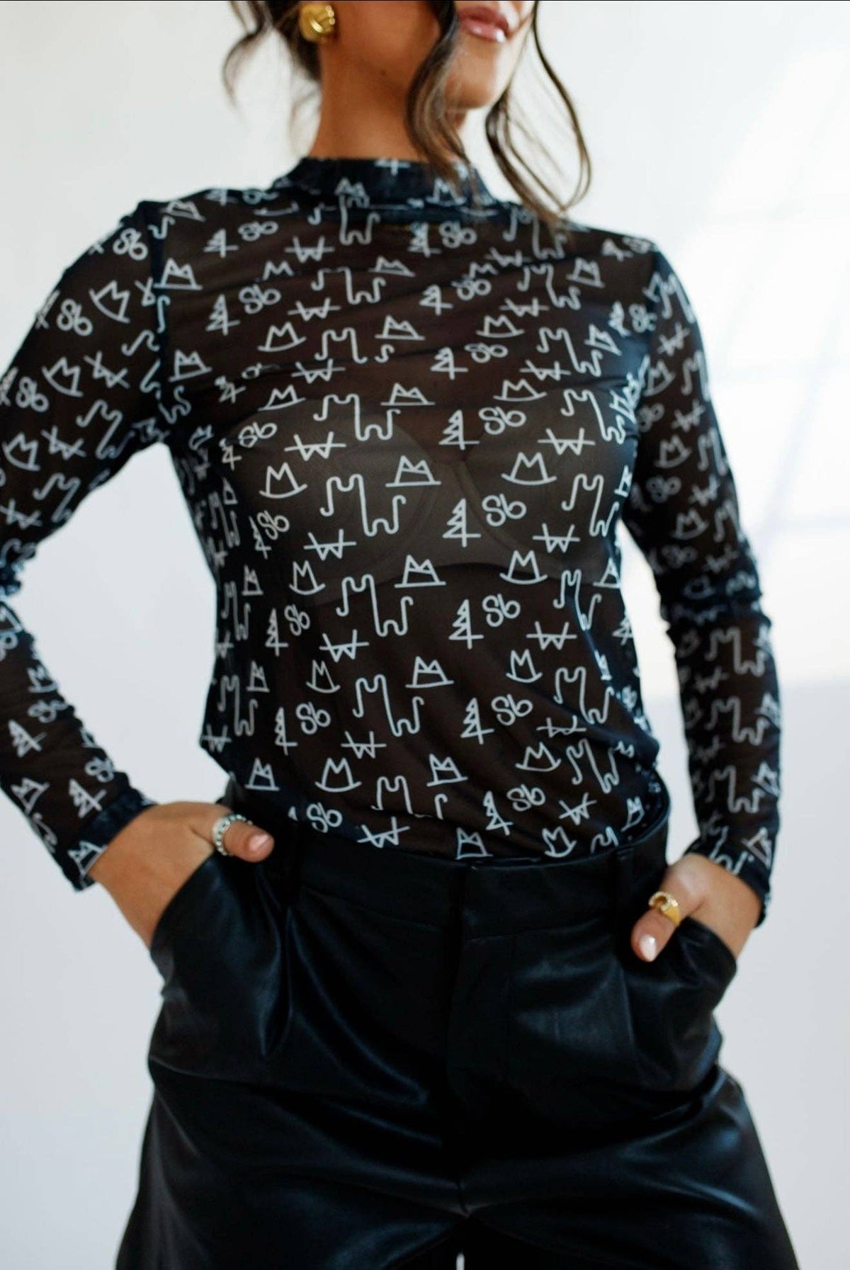 Black Sheer Mesh Mock-Neck Top