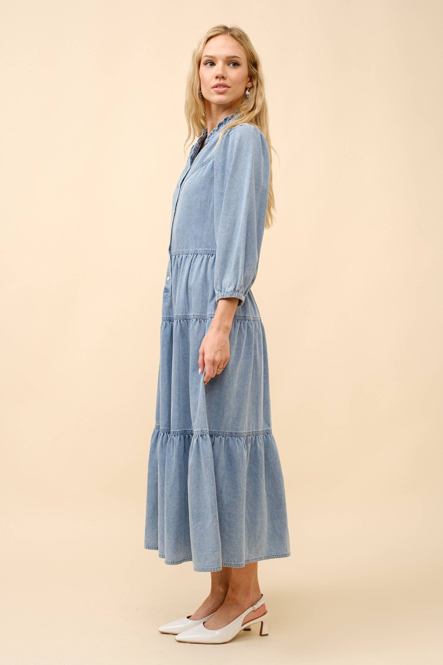 Restock! - Garment Washed Chevron Yoke Midi Denim Dress -