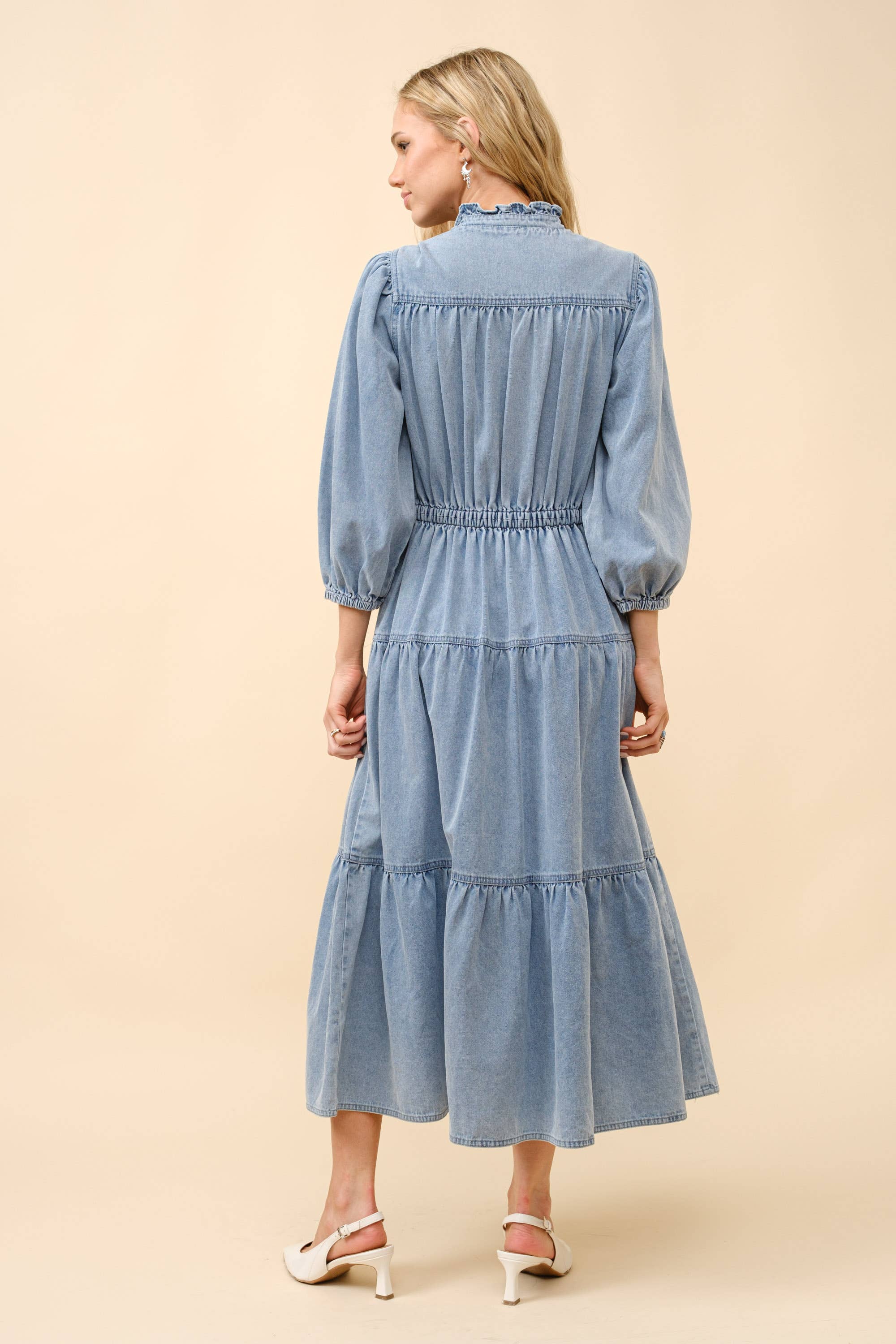 Chevron Yoke Midi Denim Dress