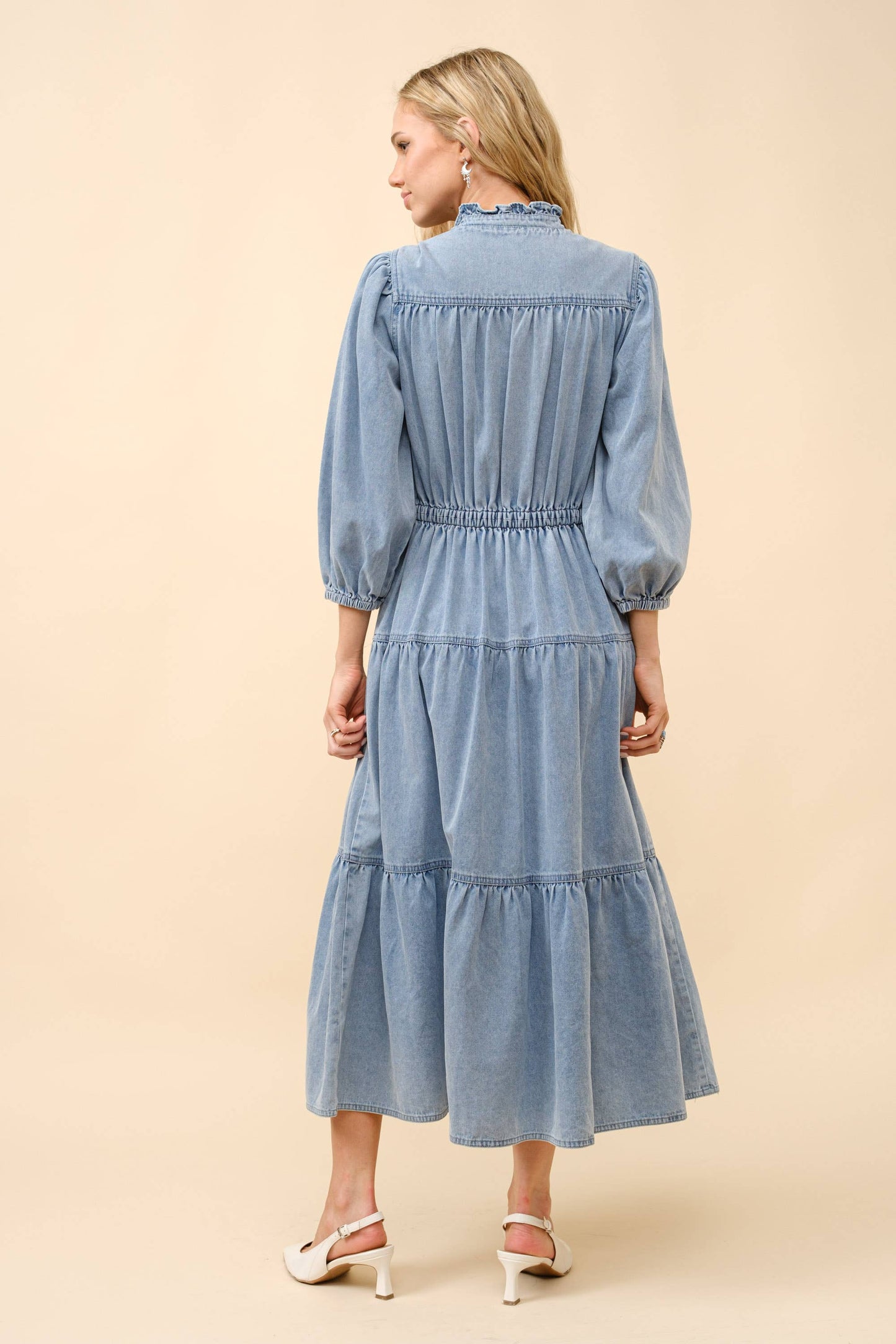 Restock! - Garment Washed Chevron Yoke Midi Denim Dress -