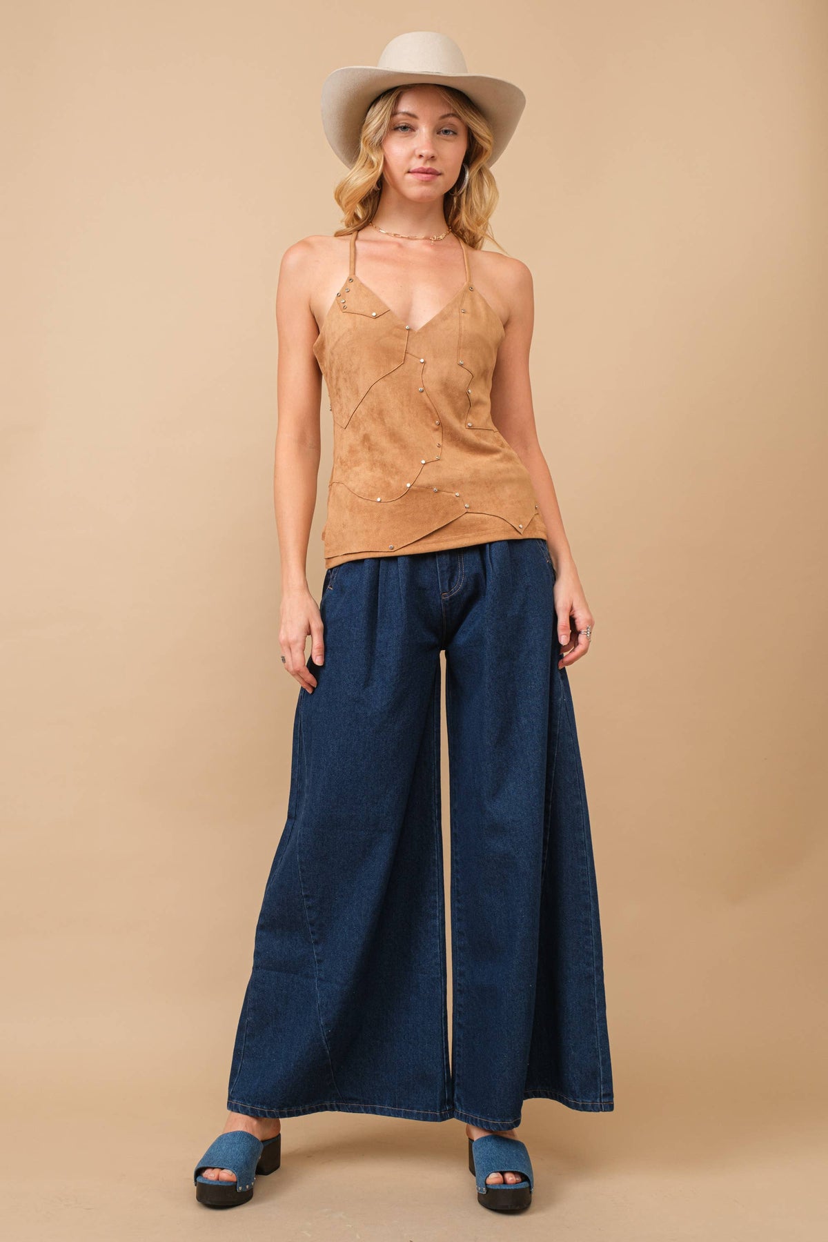 Camel Suede Patchwork Studded Cami