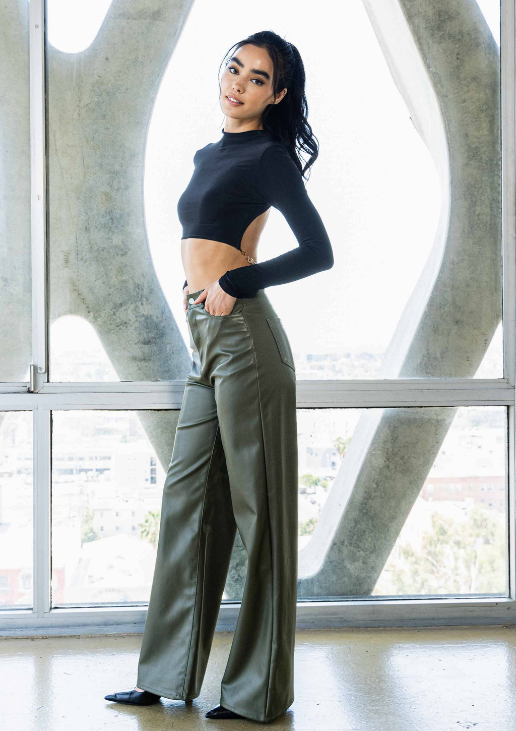 Black Vegan-Leather Wide-Leg Pants