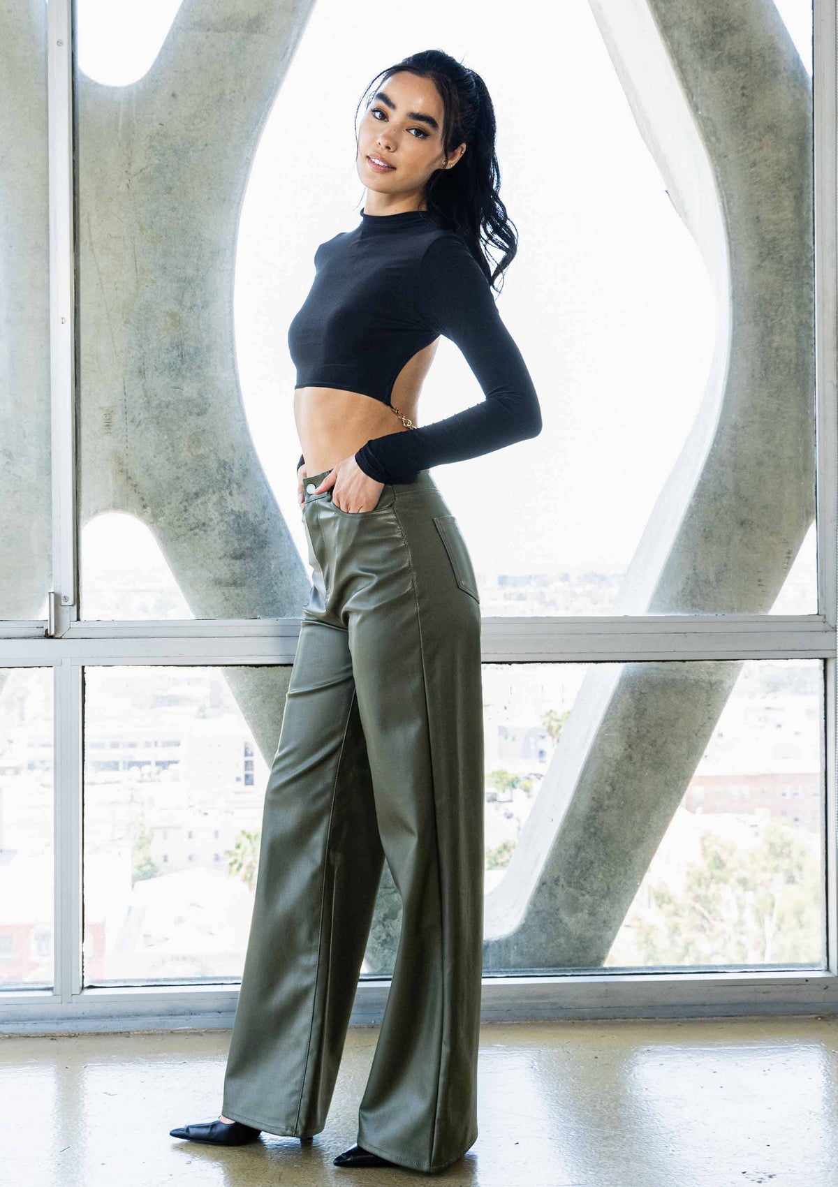 Black Vegan-Leather Wide-Leg Pants