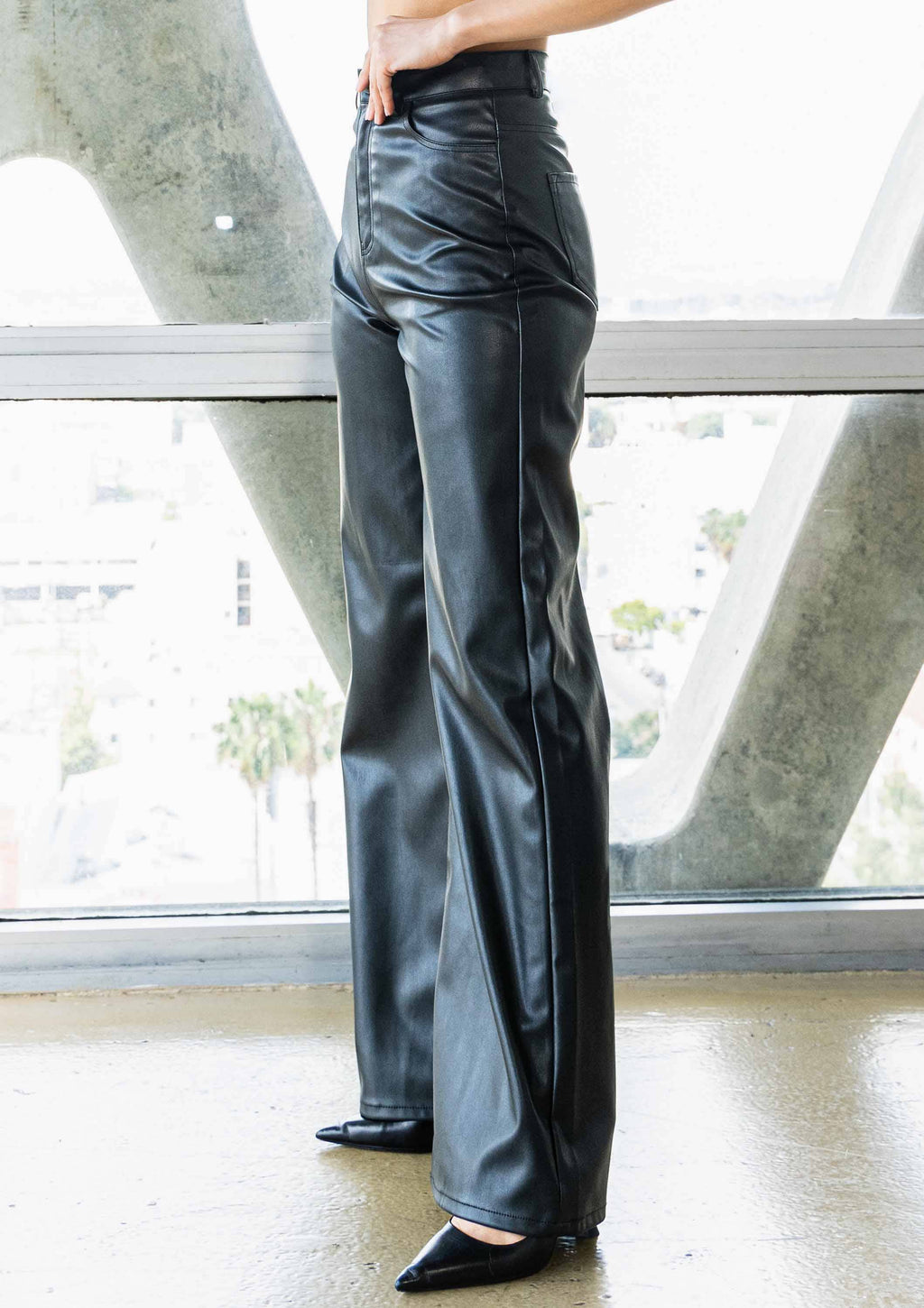 Black Vegan-Leather Wide-Leg Pants