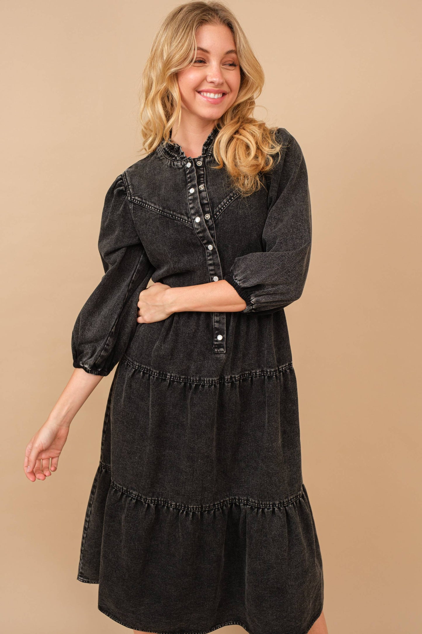 Restock! - Garment Washed Chevron Yoke Midi Denim Dress -