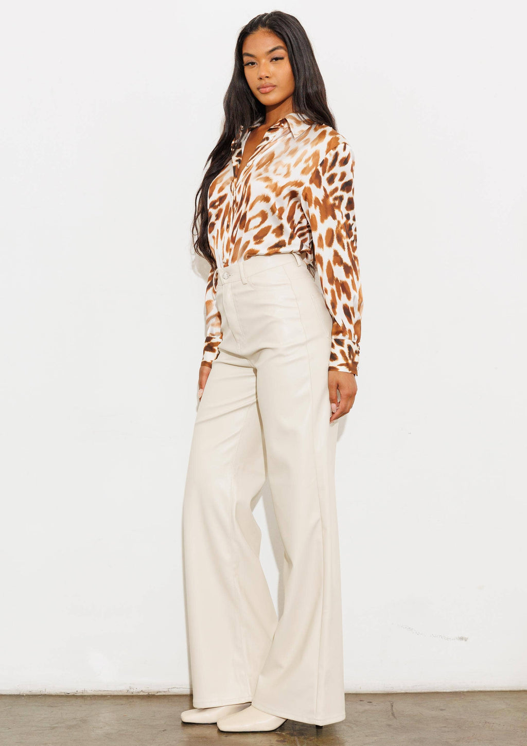 Black Vegan-Leather Wide-Leg Pants