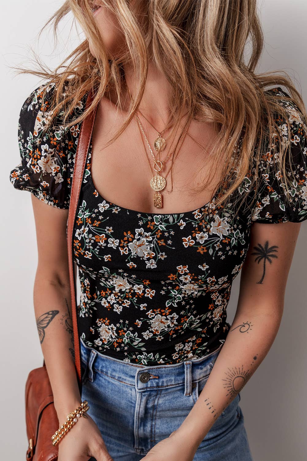 LDC Floral Print U Neck Short Puff Sleeve Bodysuit