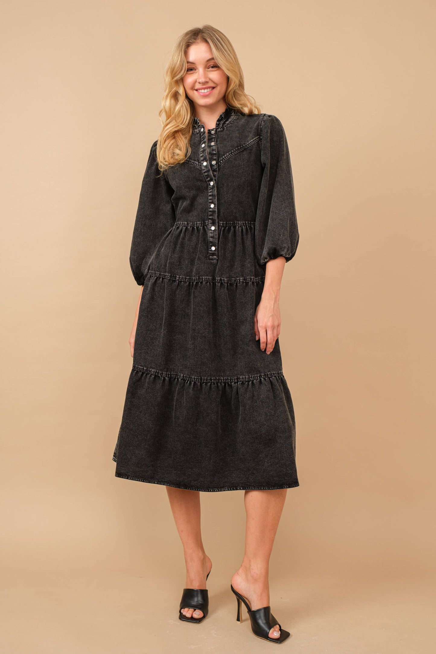 Restock! - Garment Washed Chevron Yoke Midi Denim Dress -