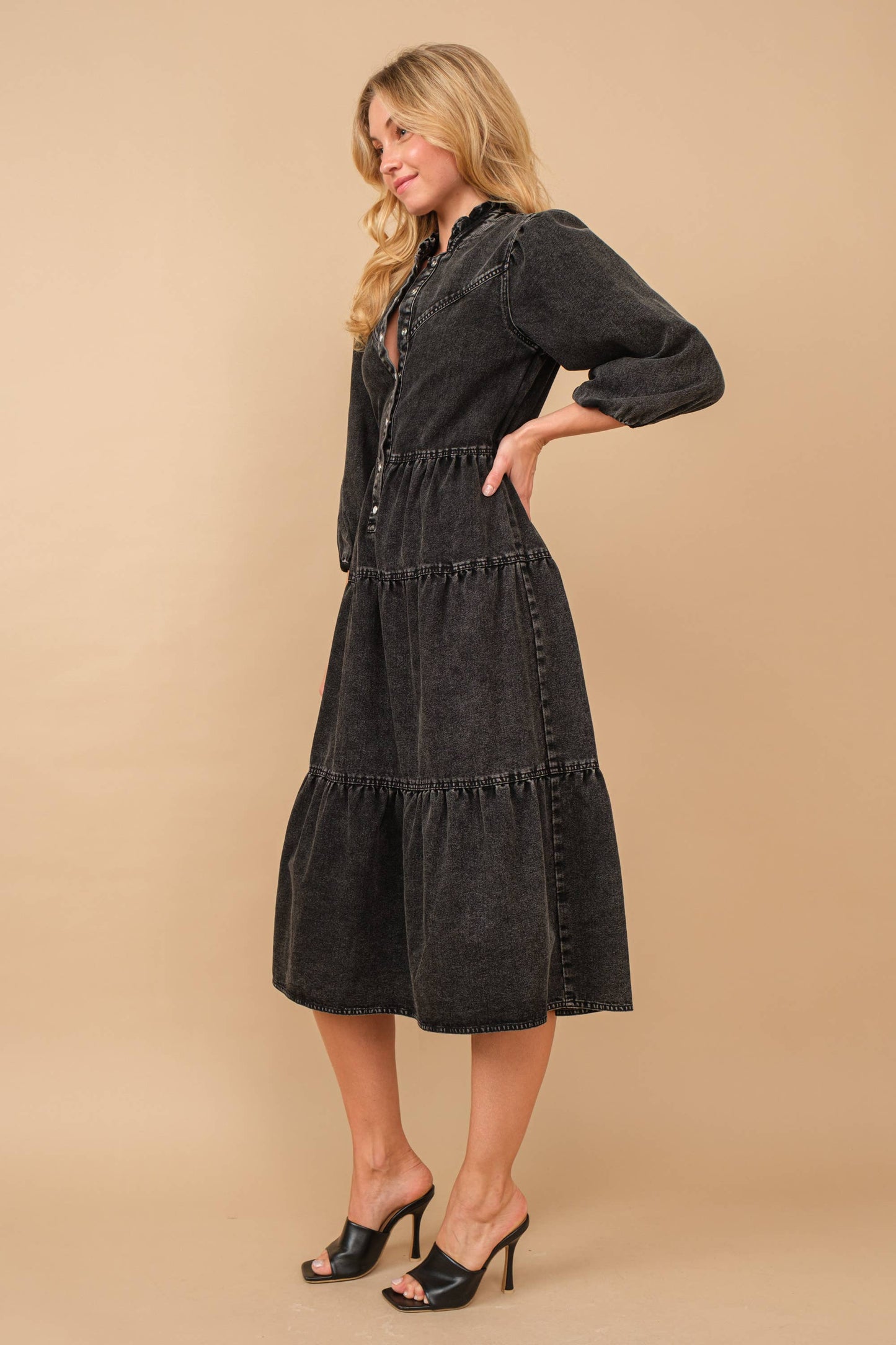 Restock! - Garment Washed Chevron Yoke Midi Denim Dress -