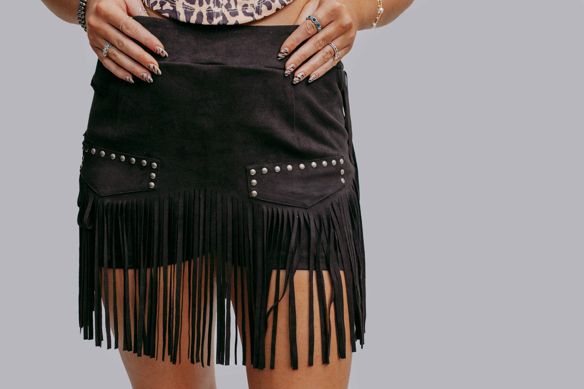Black Studded Fringe Skort