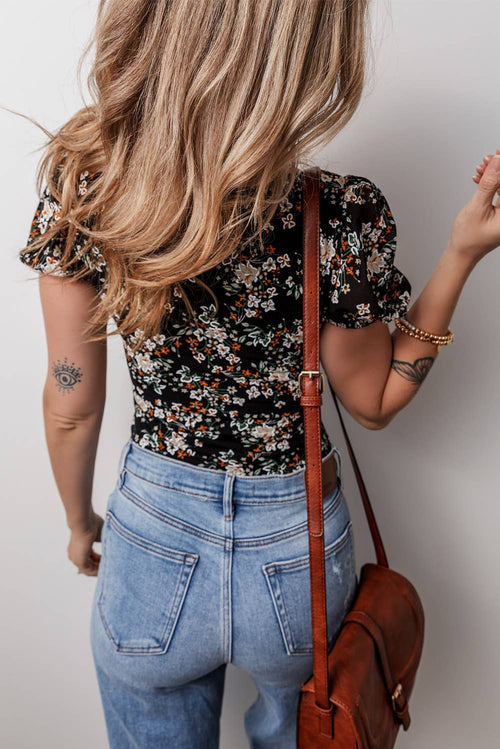 Black Floral Puff-Sleeve Bodysuit