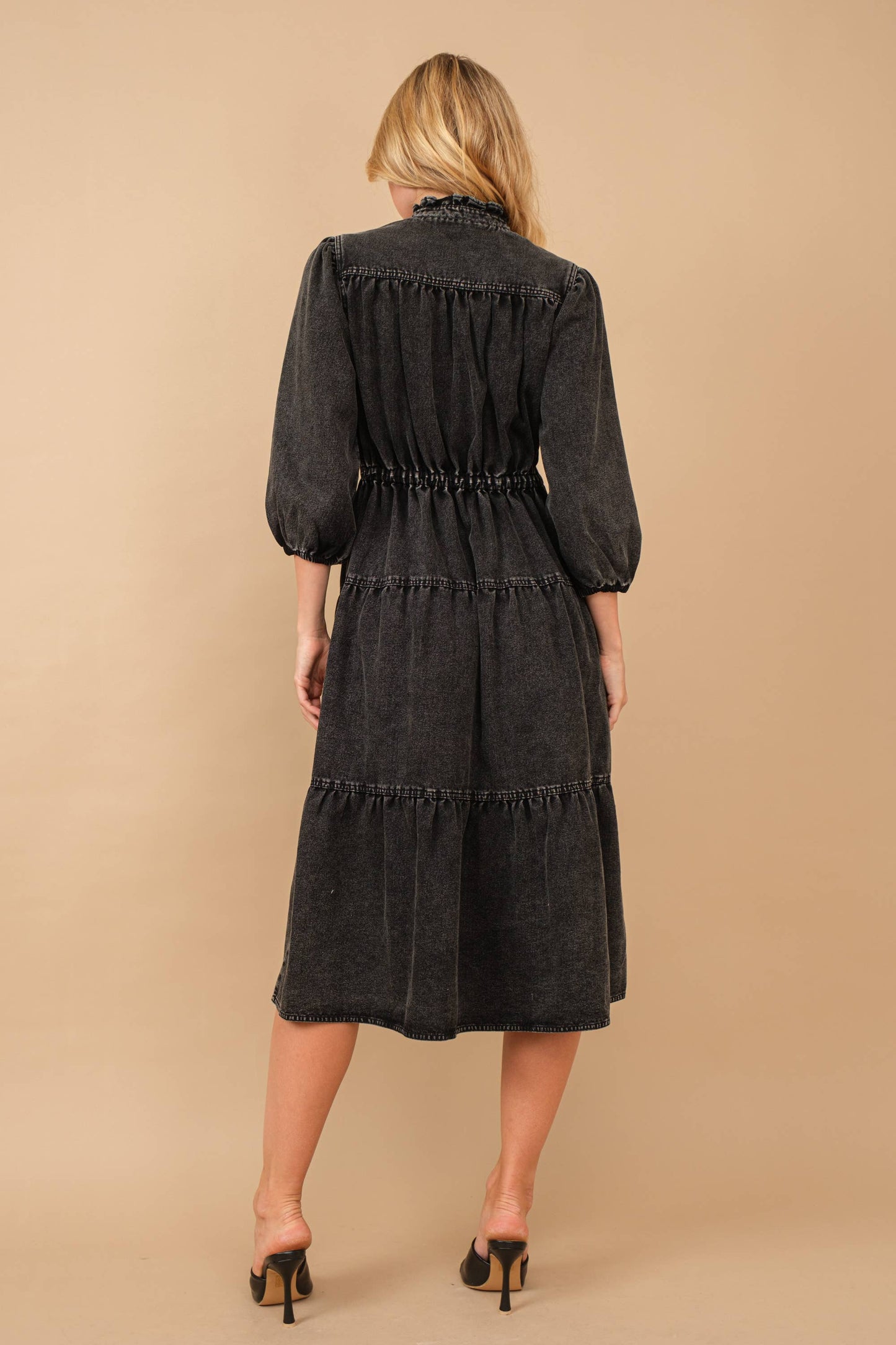 Restock! - Garment Washed Chevron Yoke Midi Denim Dress -