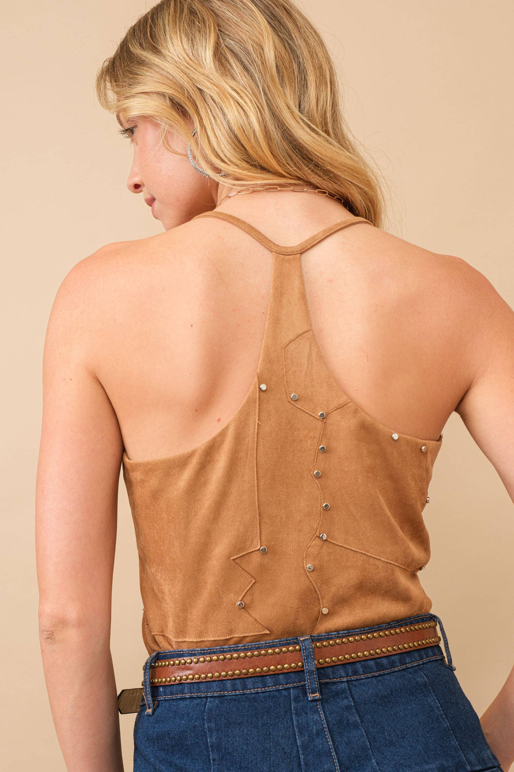 Camel Suede Patchwork Studded Cami