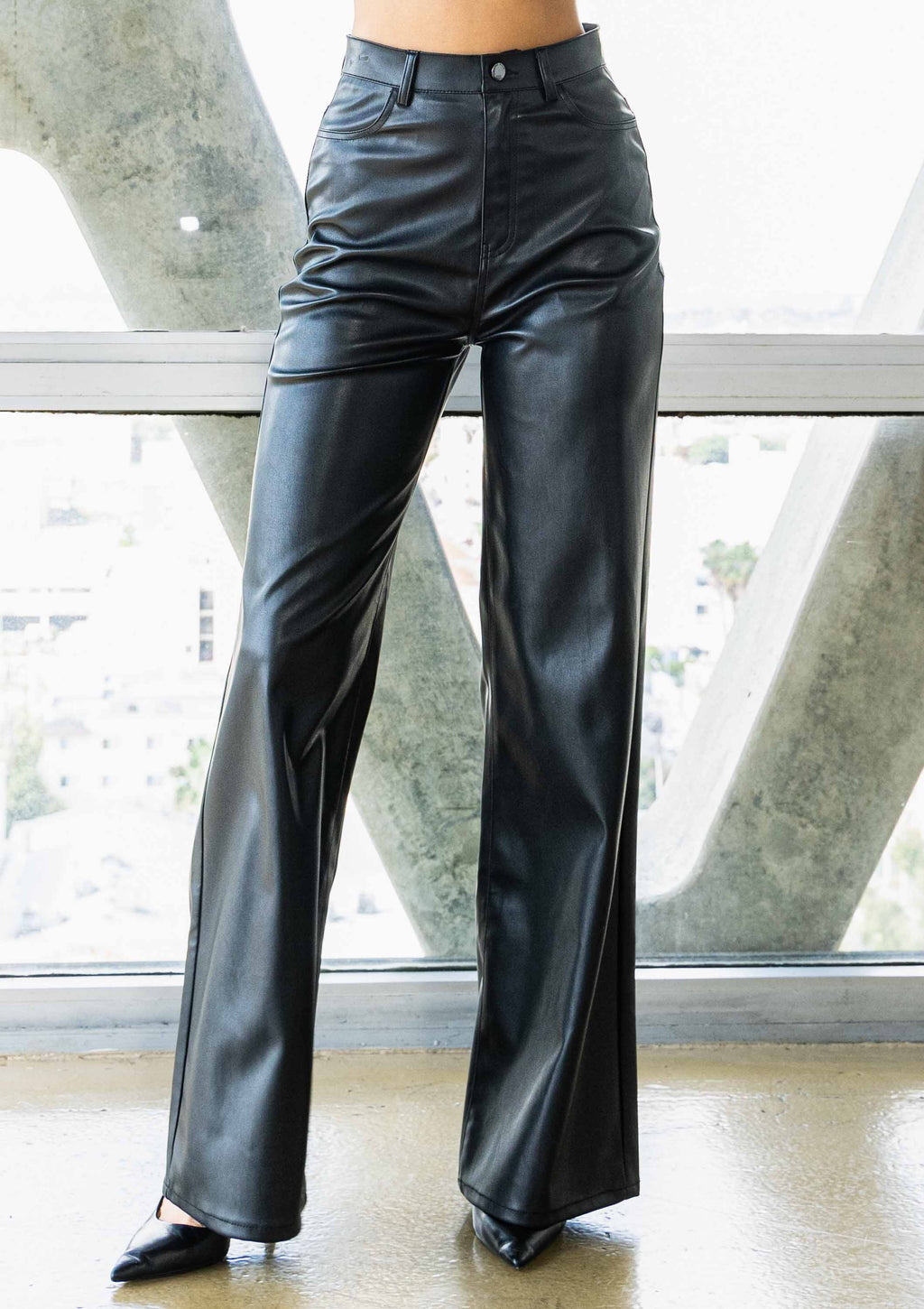 Black Vegan-Leather Wide-Leg Pants