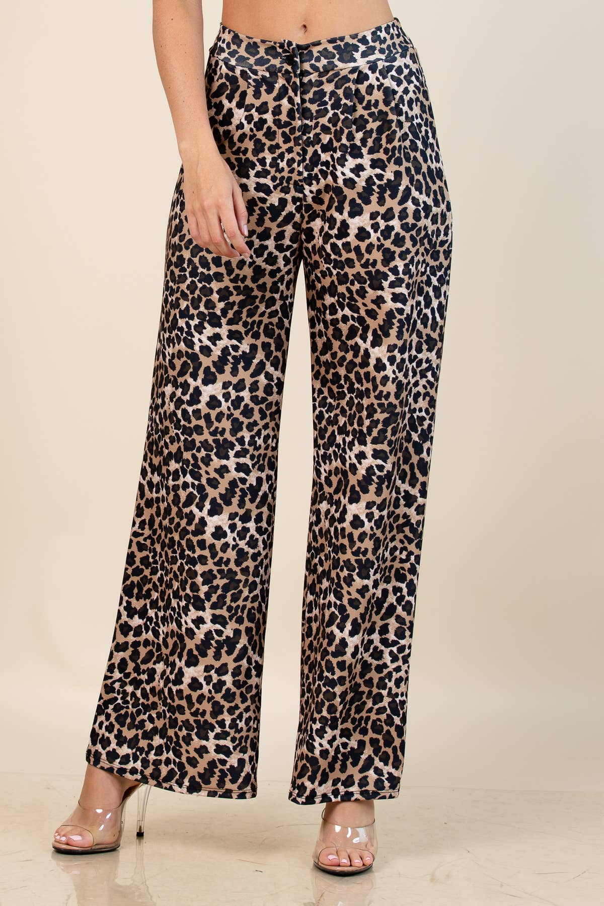 Brown Animal-Print Crop Top & Wide-Leg Pants Set