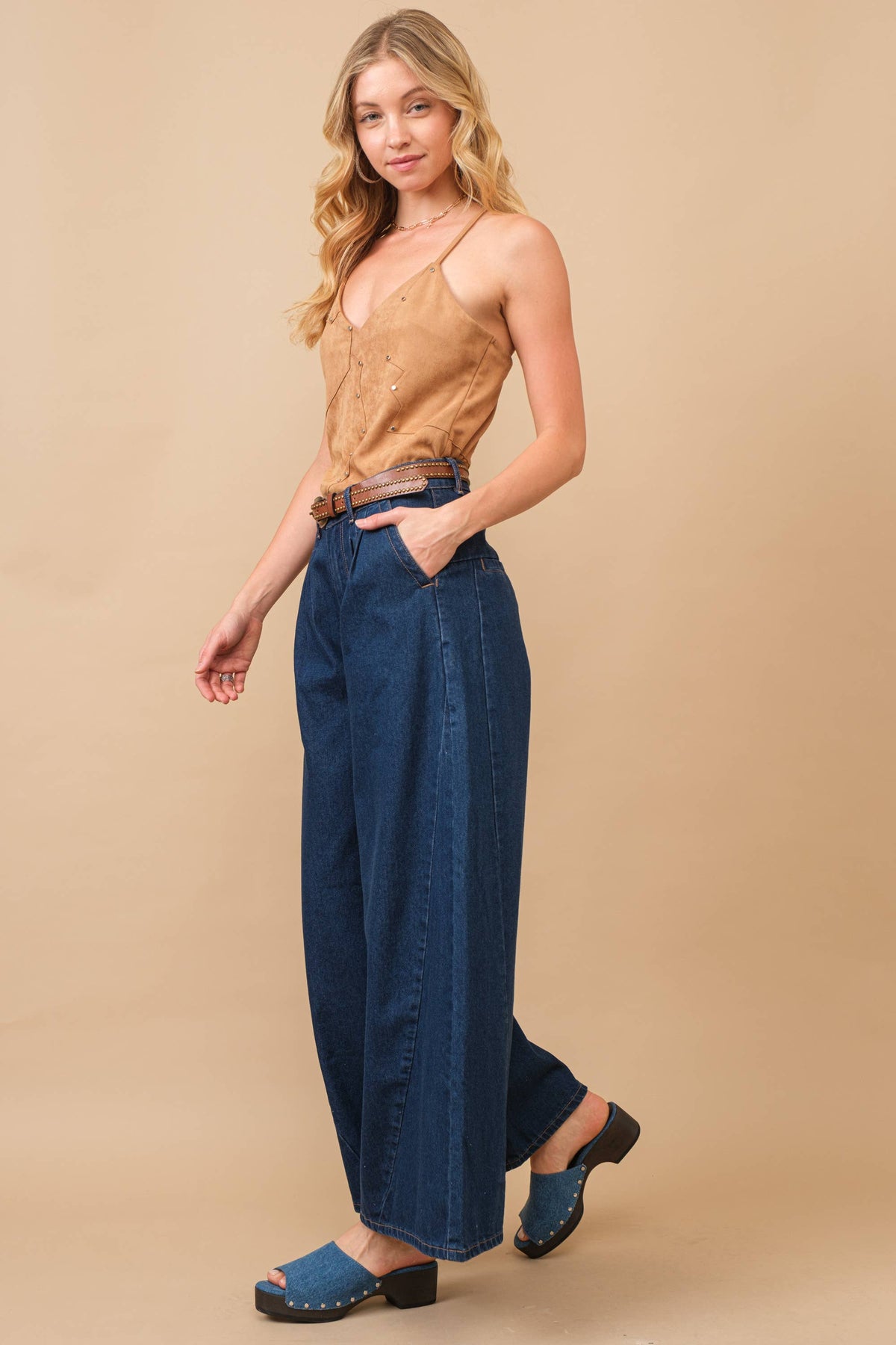 Camel Suede Patchwork Studded Cami